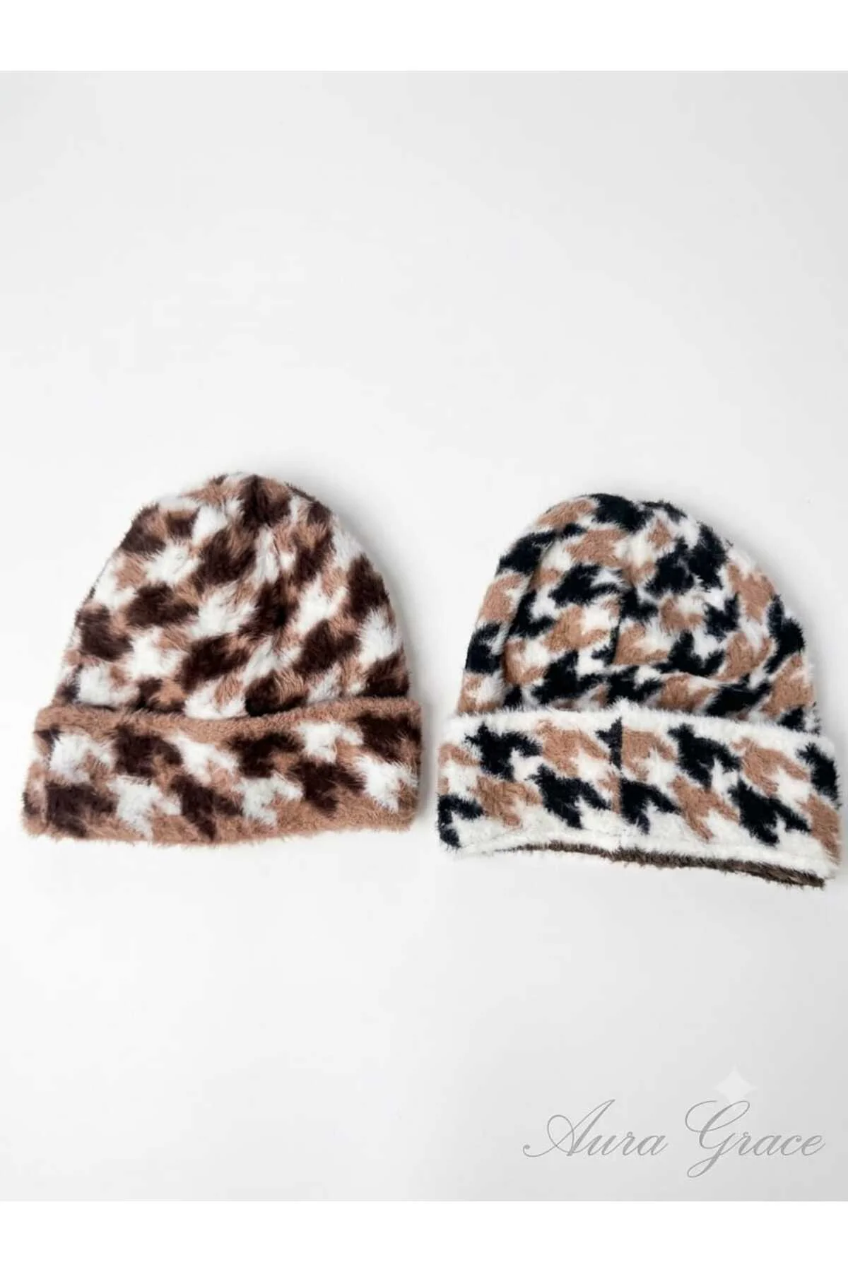 Kazayağı Desenli Kadın Kahverengi Beyaz Bere Kışlık Yumuşak Dokulu Yumoş Şapka Sıcak Tutan Peluş Şapka Houndstooth