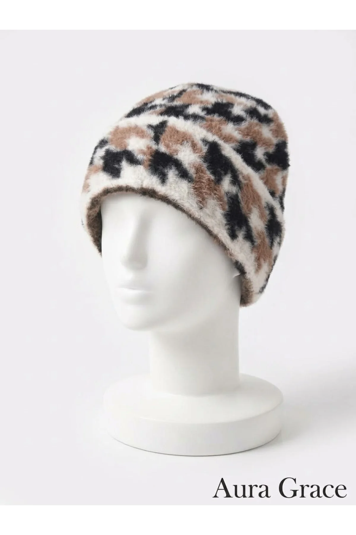 Kazayağı Desenli Kadın Kahverengi Beyaz Bere Kışlık Yumuşak Dokulu Yumoş Şapka Sıcak Tutan Peluş Şapka Houndstooth