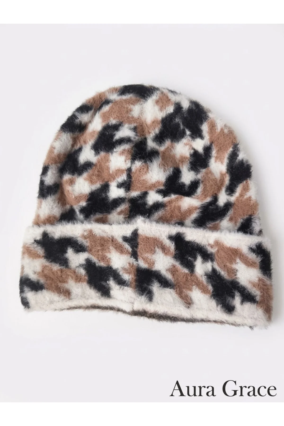 Kazayağı Desenli Kadın Kahverengi Beyaz Bere Kışlık Yumuşak Dokulu Yumoş Şapka Sıcak Tutan Peluş Şapka Houndstooth