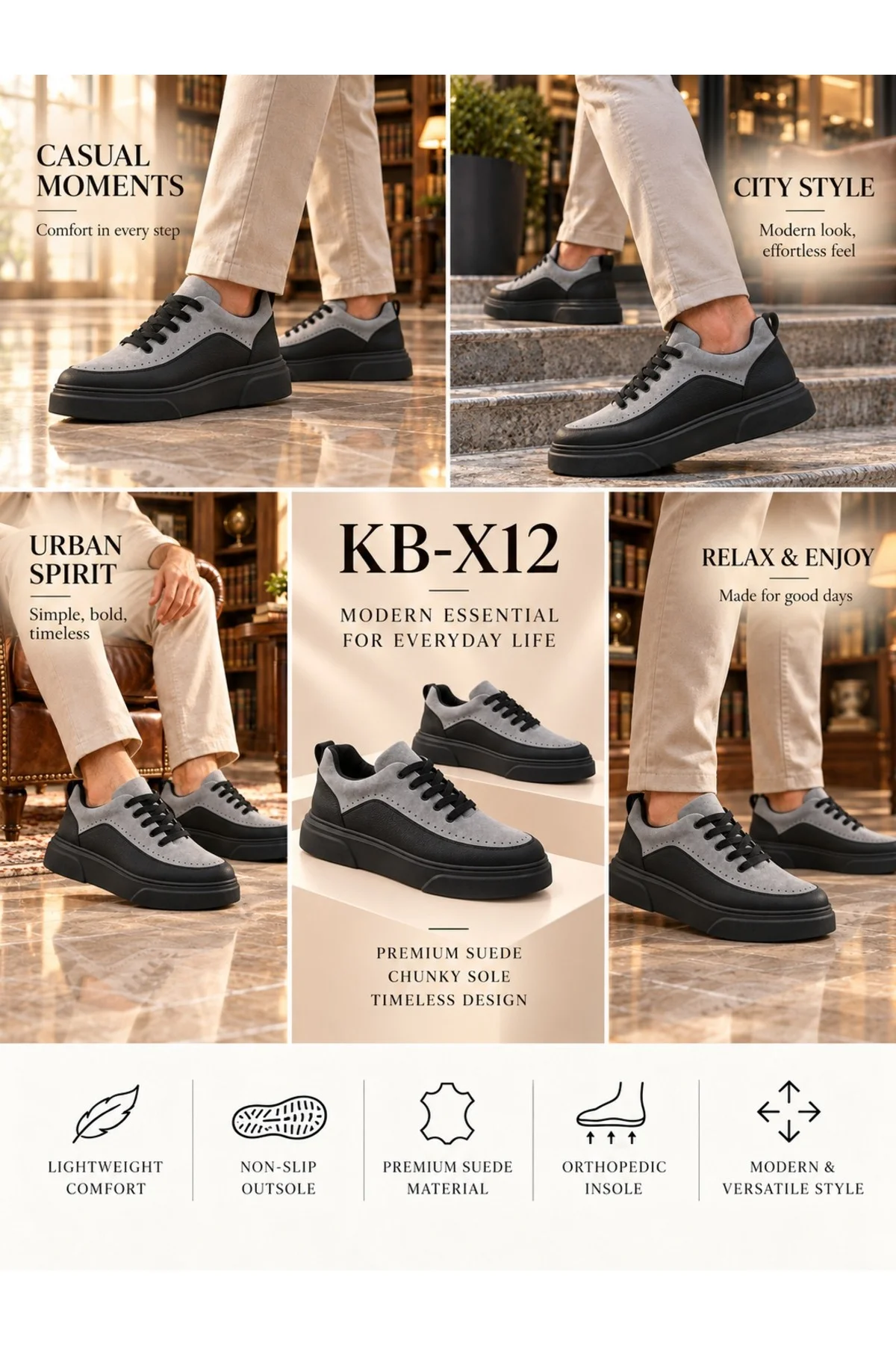 KB-X12 Kuback Siyah Gri Detaylı Günlük Erkek Ayakkabı