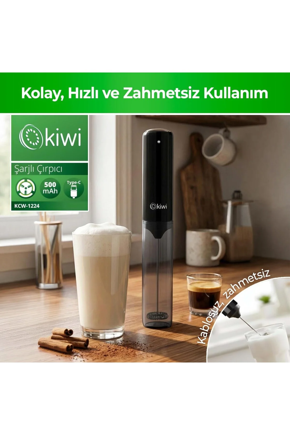 KCW-1224 Şarjlı Kablosuz Mini Mikser – Tek Bardaklık Ayran, Kahve