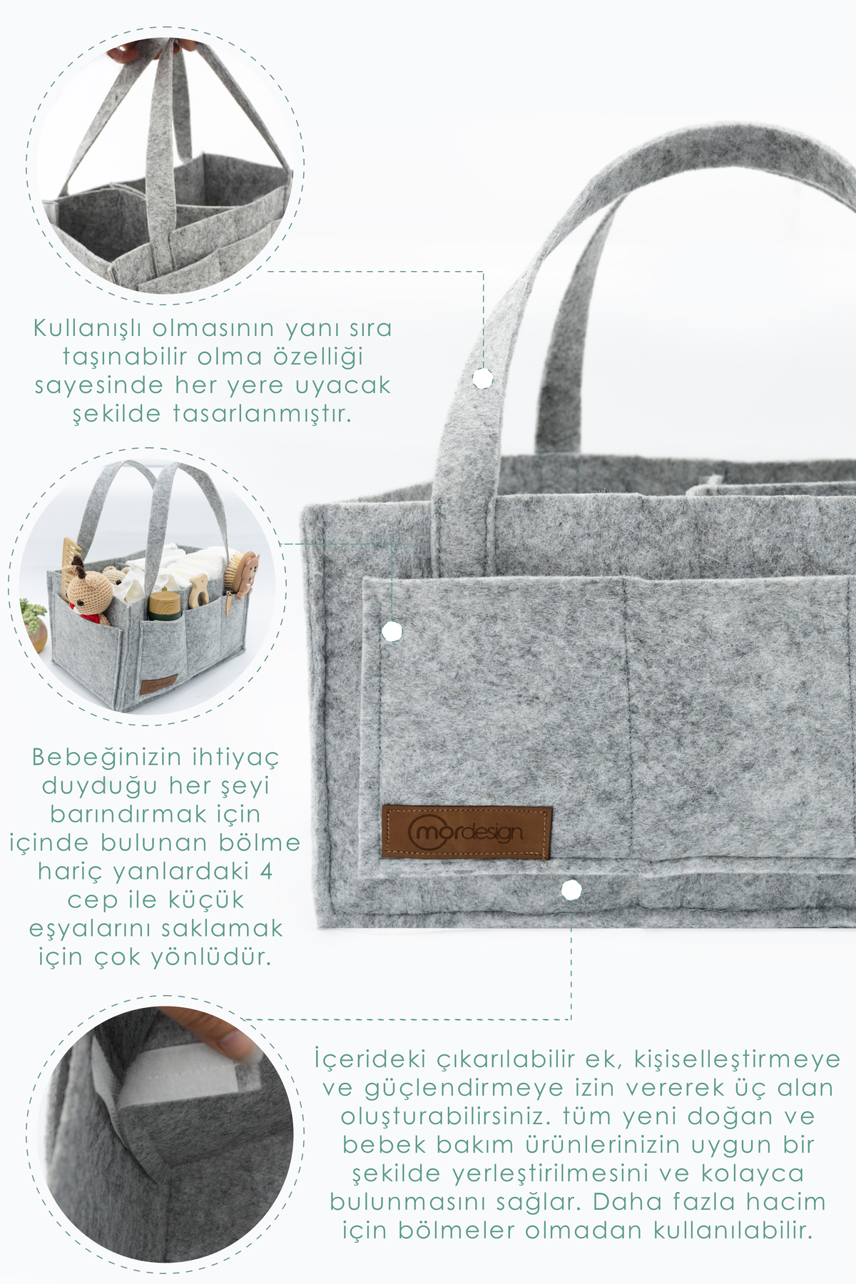 Mordesign Keçe Anne Bebek Bakım Çantası Yenidoğan Alt Açma Değiştirme İçin