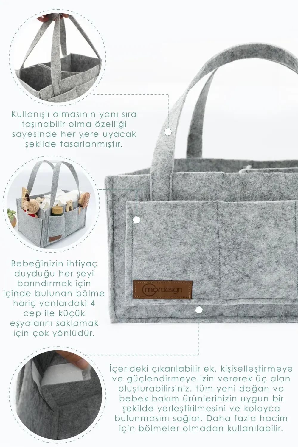 Mordesign Keçe Anne Bebek Bakım Çantası Yenidoğan Alt Açma Değiştirme İçin