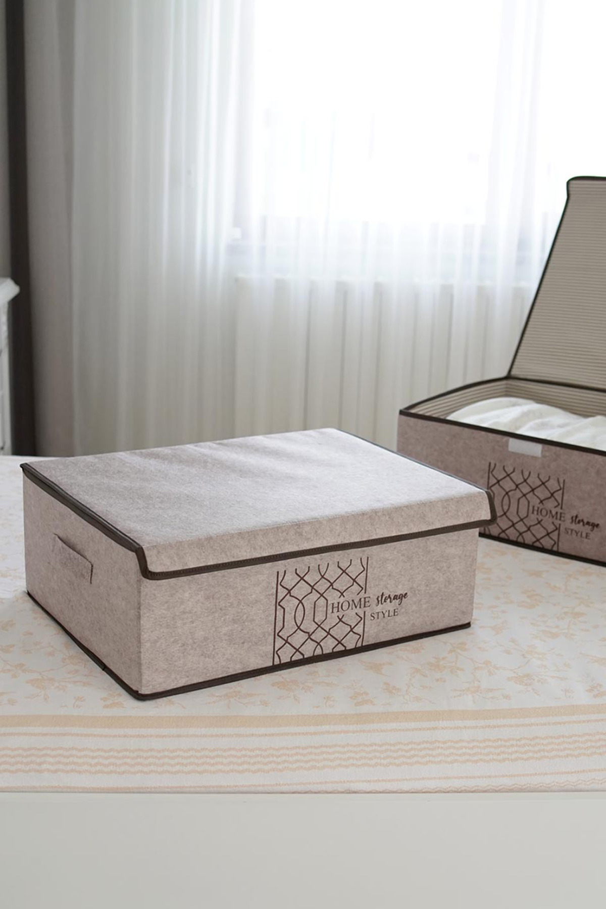 Pazar Kapısı Keçe Kapaklı Çok Amaçlı Baza Kutu Bej 50X40x19cm