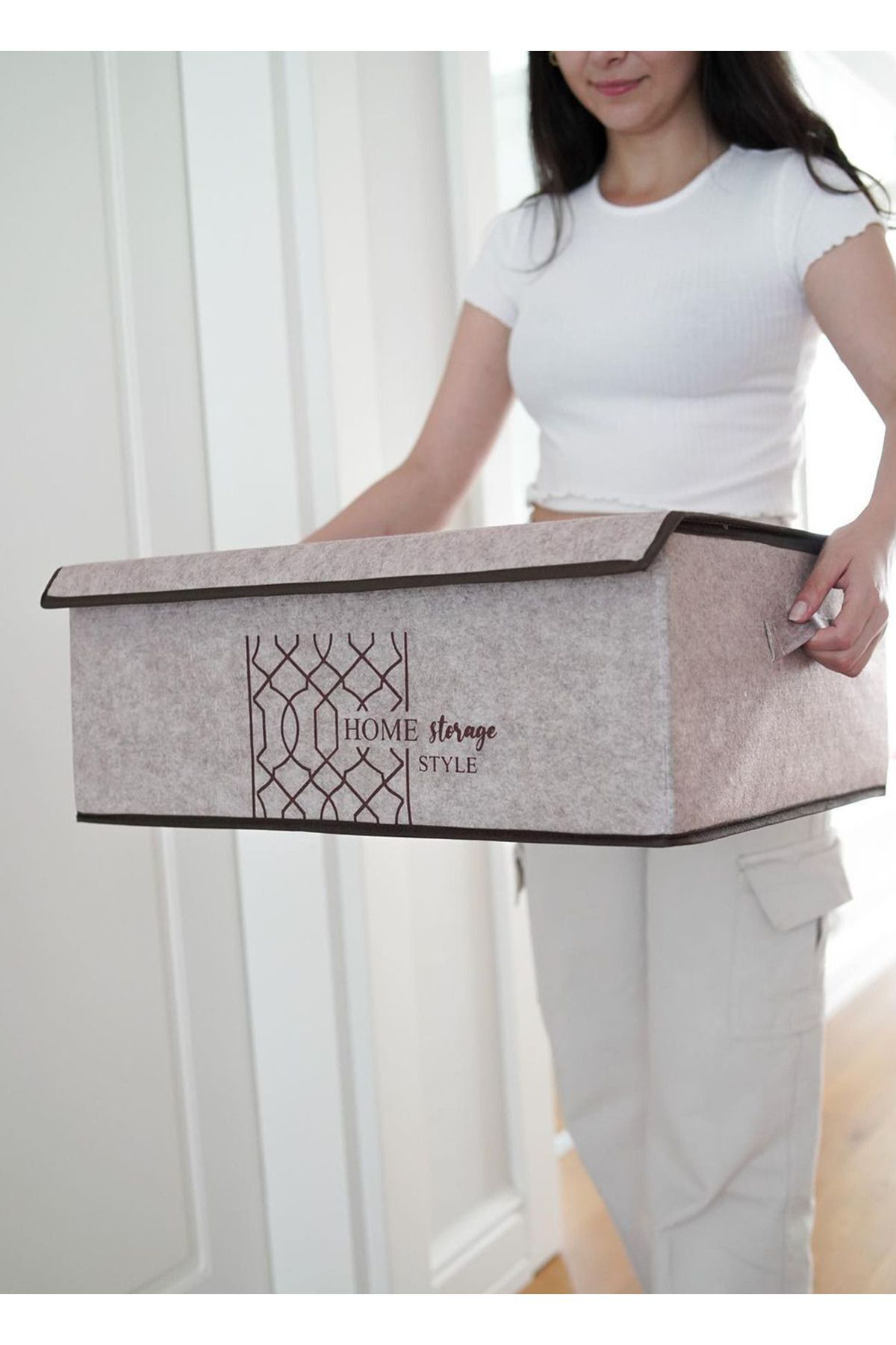 Pazar Kapısı Keçe Kapaklı Çok Amaçlı Baza Kutu Bej 50X40x19cm