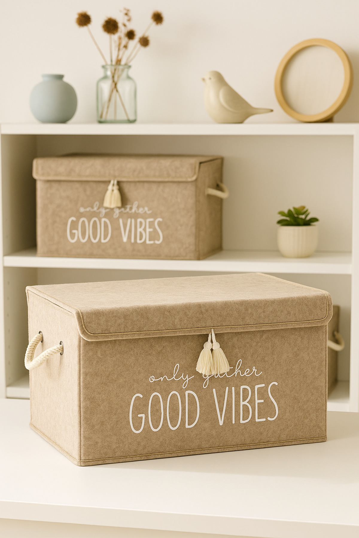 Pazar Kapısı Keçe Kapaklı Çok Amaçlı Mini Kutu Bej Saklama Kutusu 35X24x24 Cm