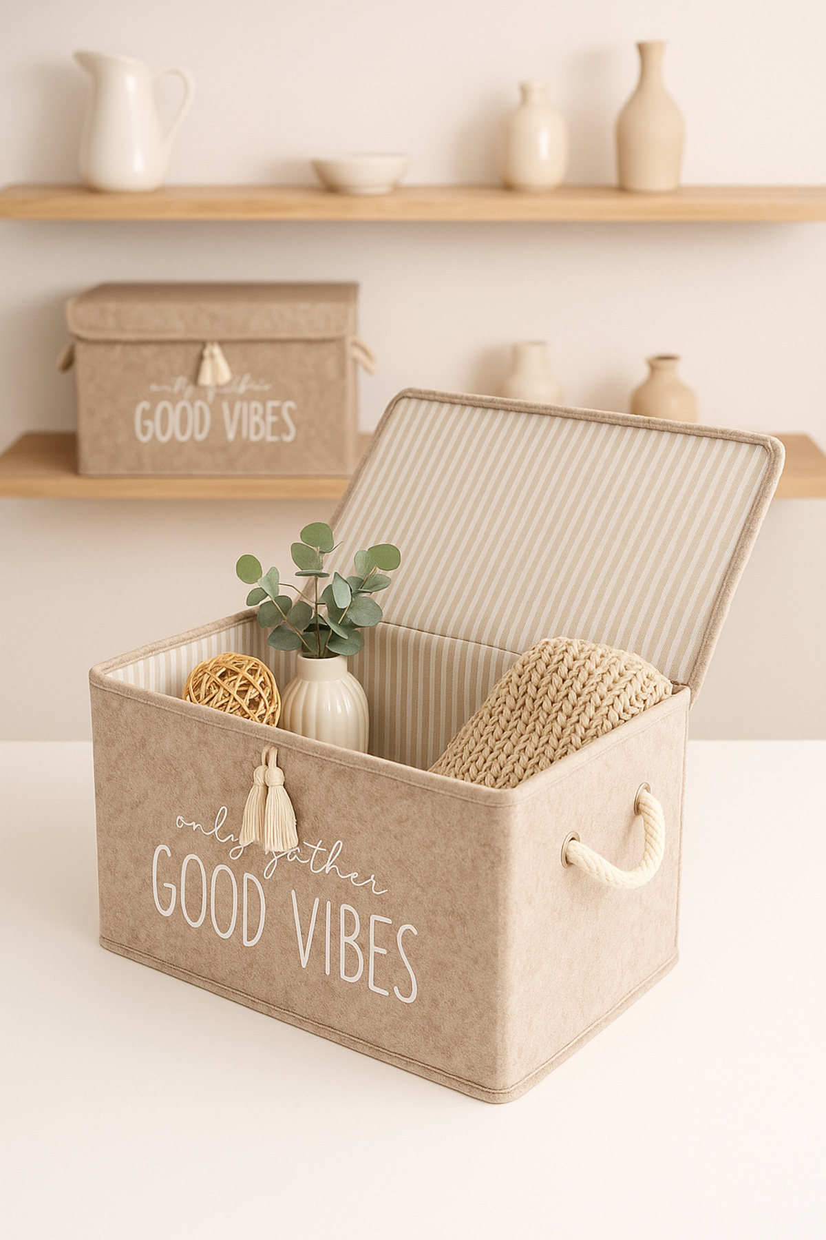 Pazar Kapısı Keçe Kapaklı Çok Amaçlı Mini Kutu Bej Saklama Kutusu 35X24x24 Cm