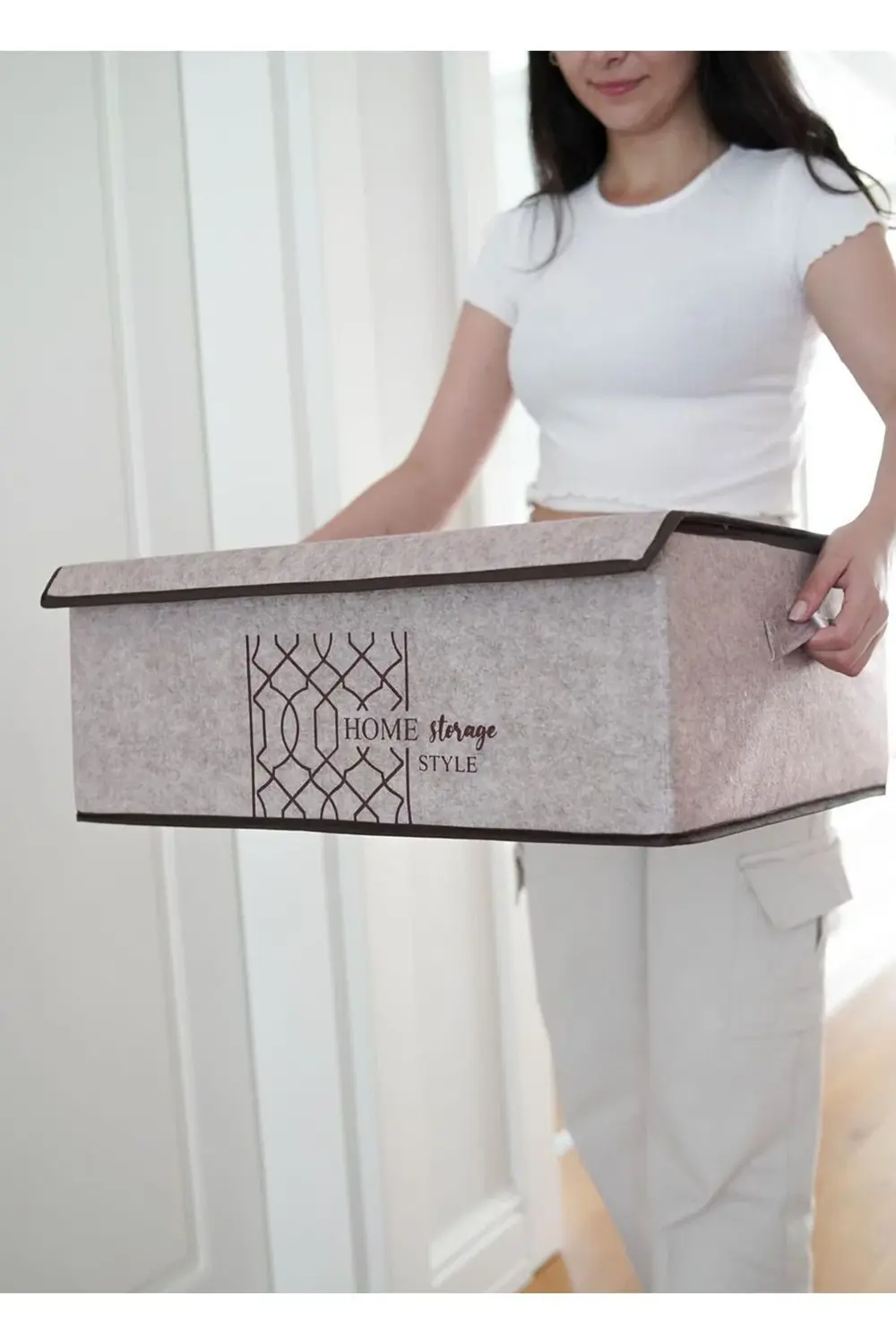 Keçe Kapaklı Çok Amaçlı Baza Kutu Bej 50x40x19cm