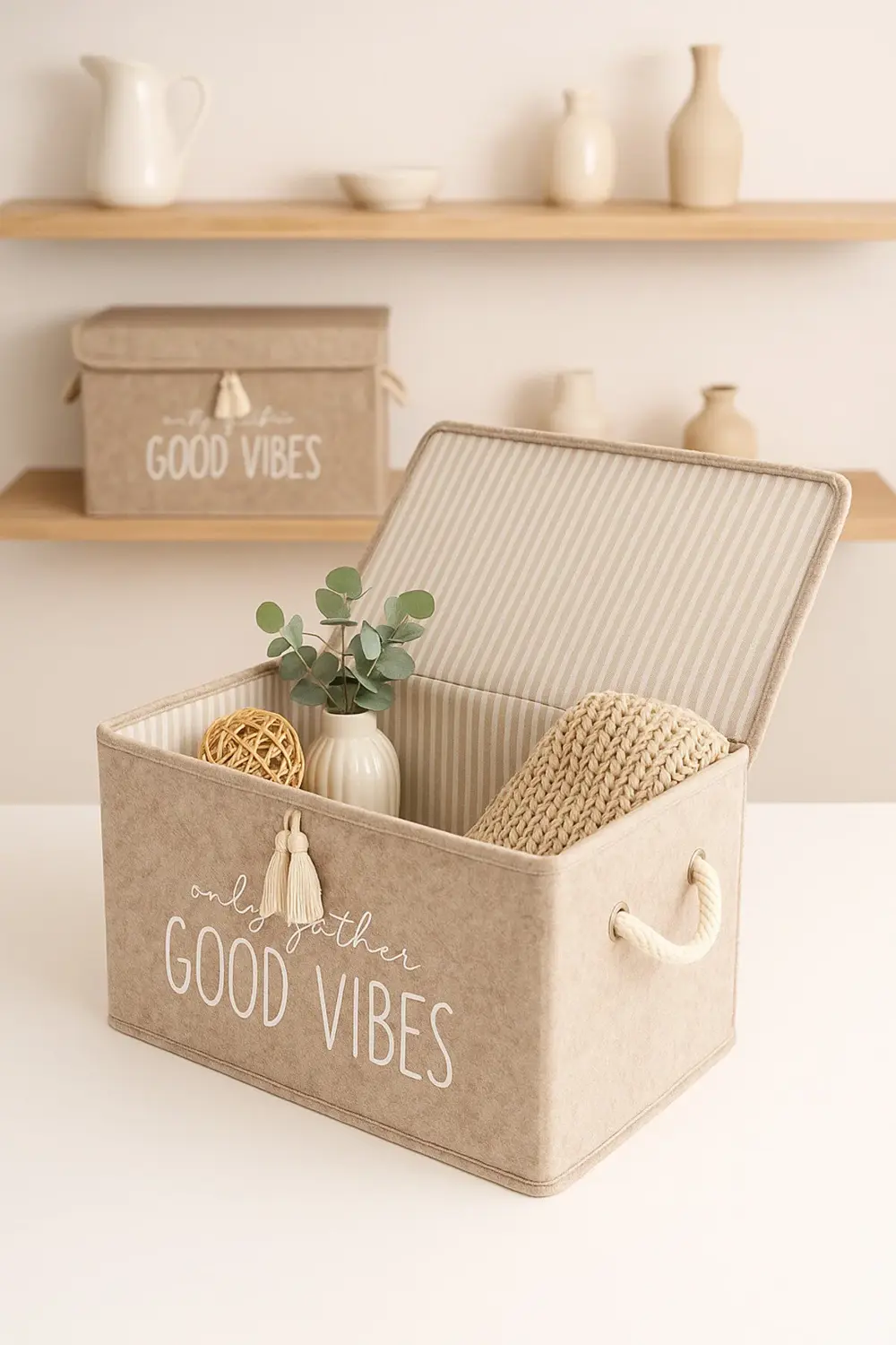 Keçe Kapaklı Çok Amaçlı Mini Kutu Bej Saklama Kutusu 35x24x24 Cm