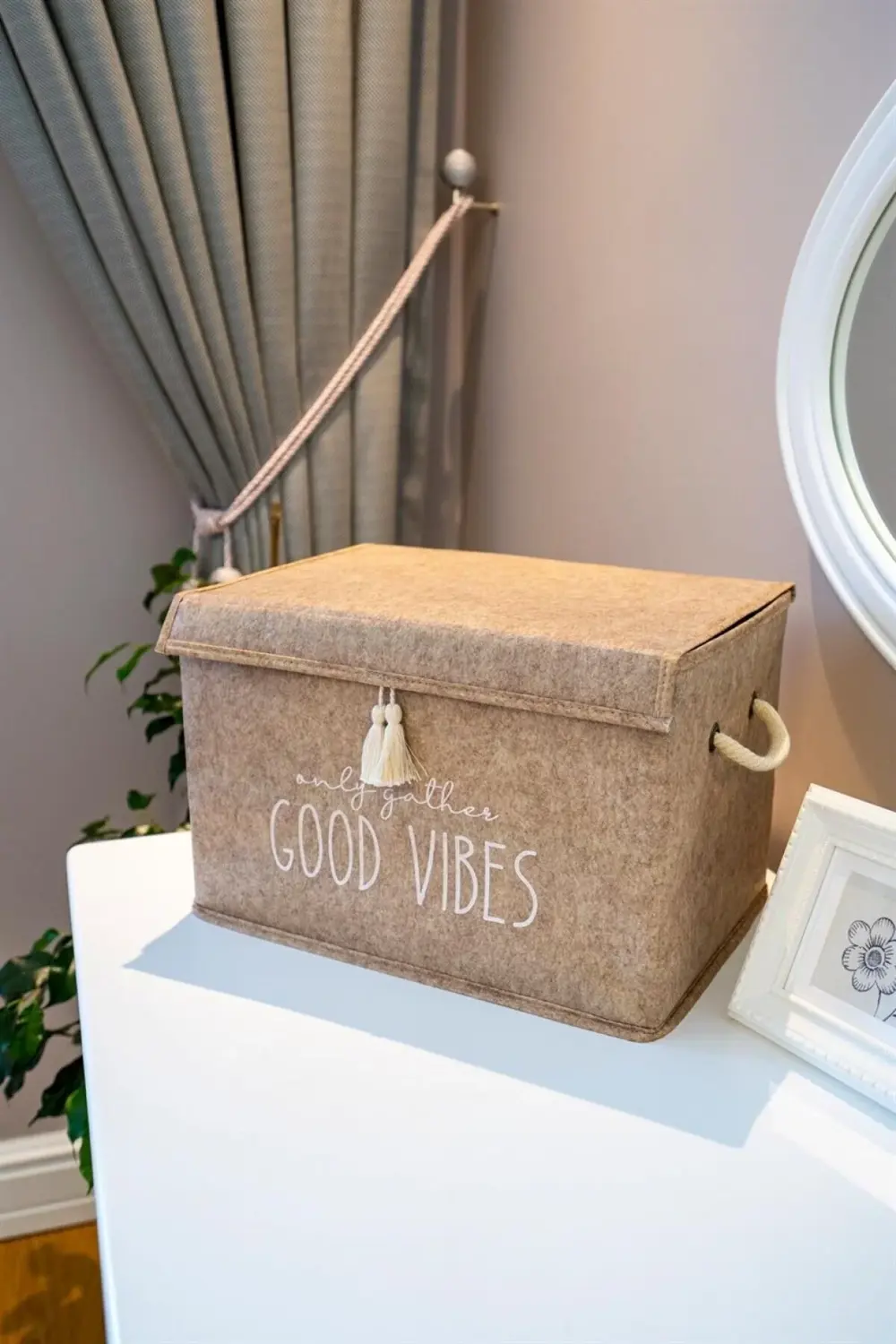 Keçe Kapaklı Çok Amaçlı Mini Kutu Bej Saklama Kutusu 35x24x24 Cm