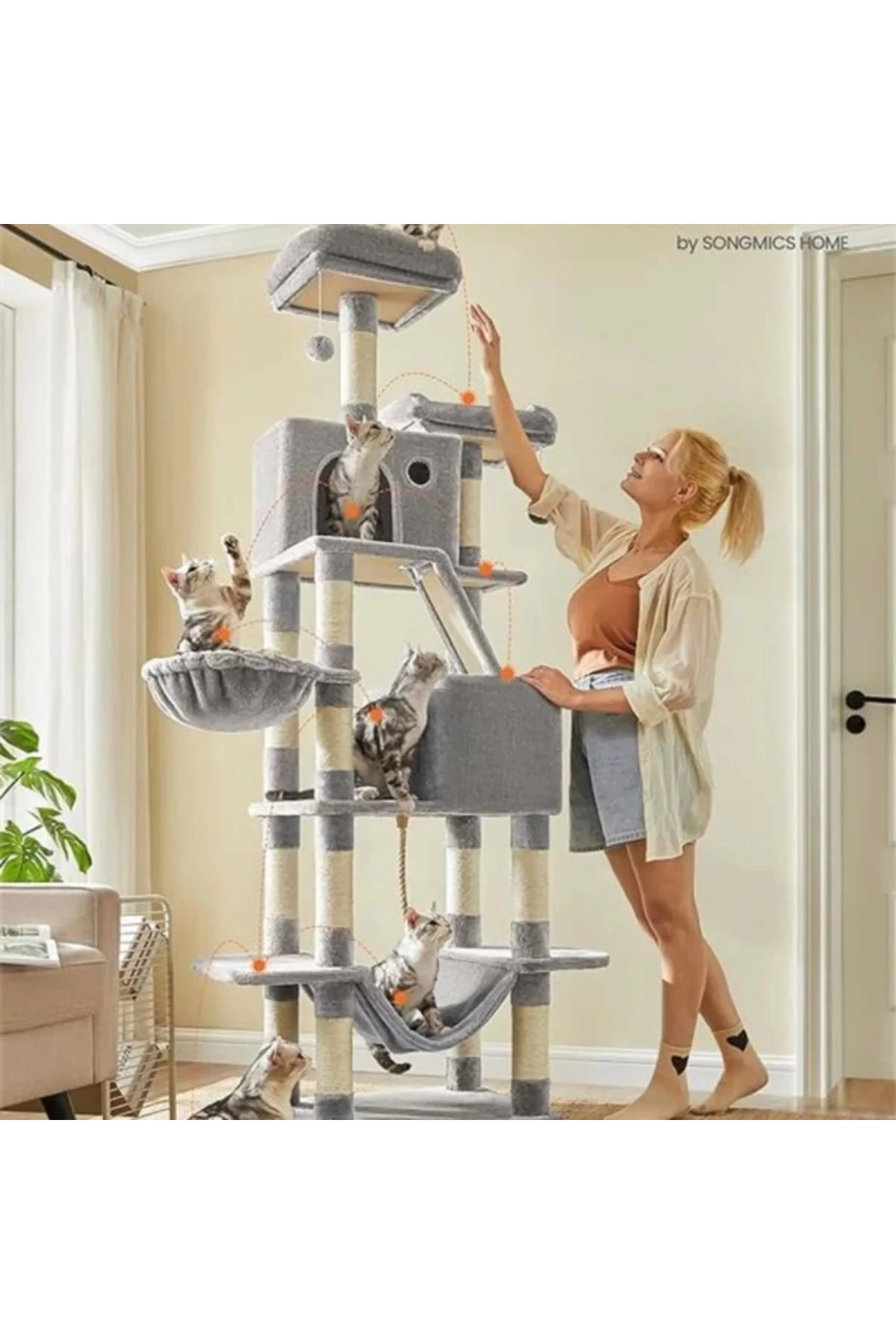 Kedi Ağacı, Büyük, 206 cm Yüksekliğinde, XXL , 13 Tırmalama Sütunu, 2 Platform, 2 Mağara