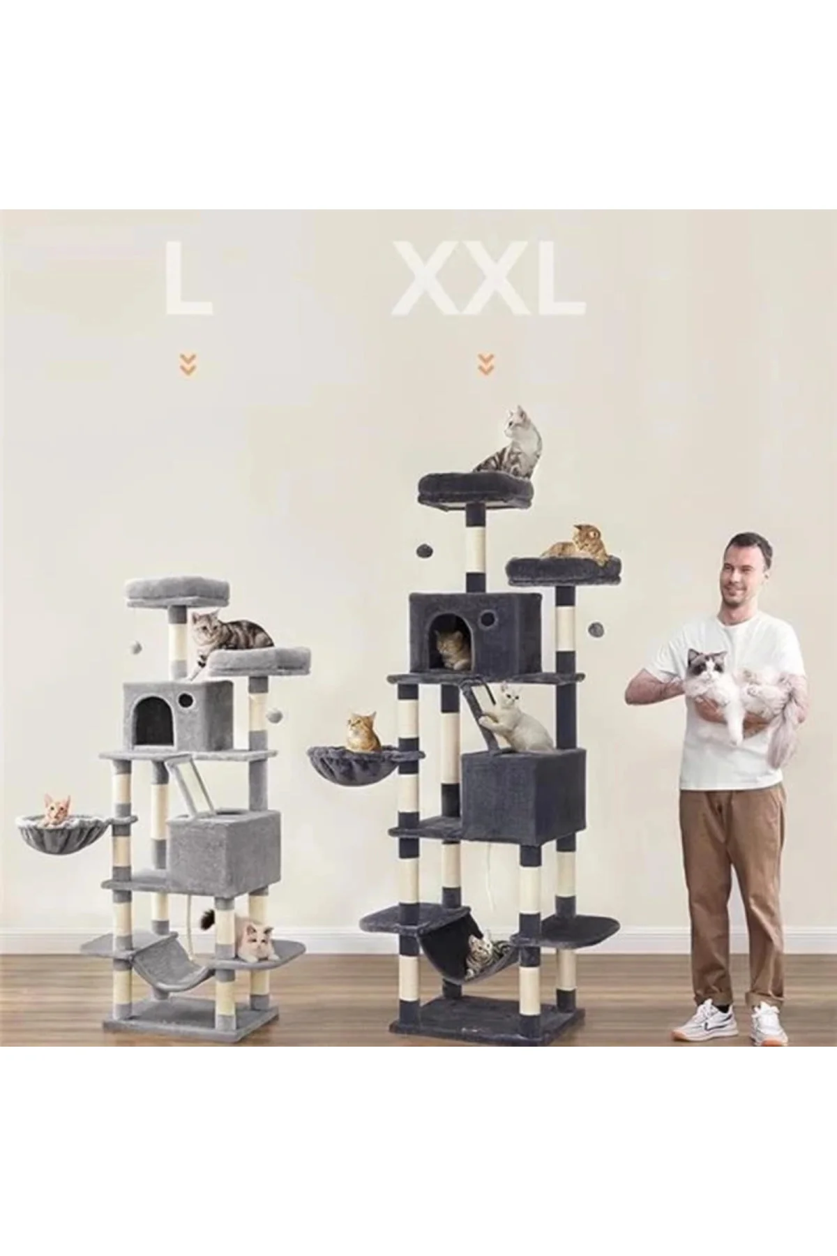 Kedi Ağacı, Büyük, 206 cm Yüksekliğinde, XXL , 13 Tırmalama Sütunu, 2 Platform, 2 Mağara