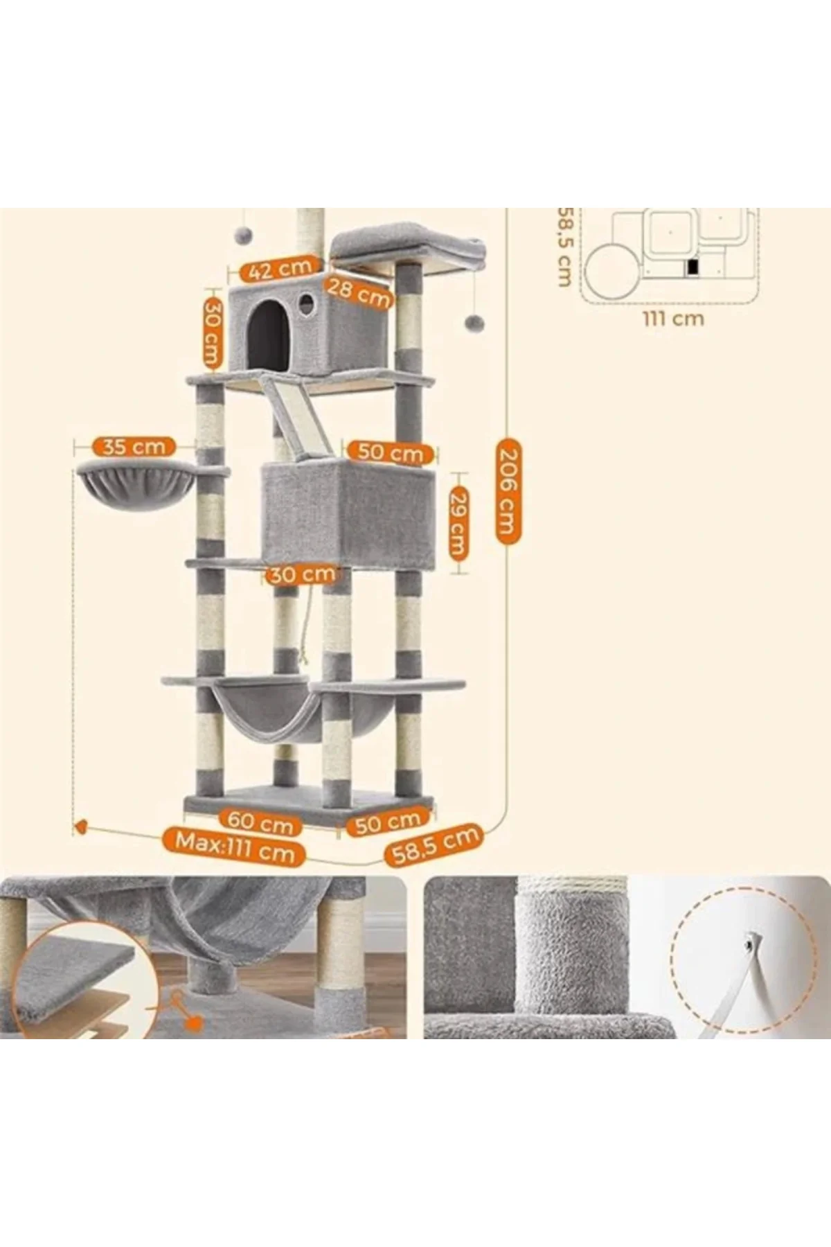 Kedi Ağacı, Büyük, 206 cm Yüksekliğinde, XXL , 13 Tırmalama Sütunu, 2 Platform, 2 Mağara