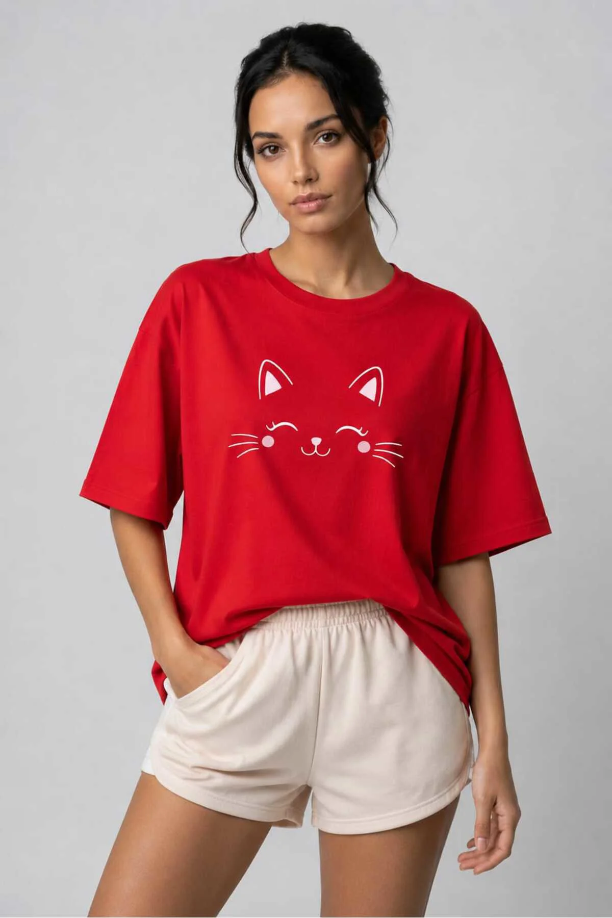 kedi baskılı Oversize tişört kadın T-shirt