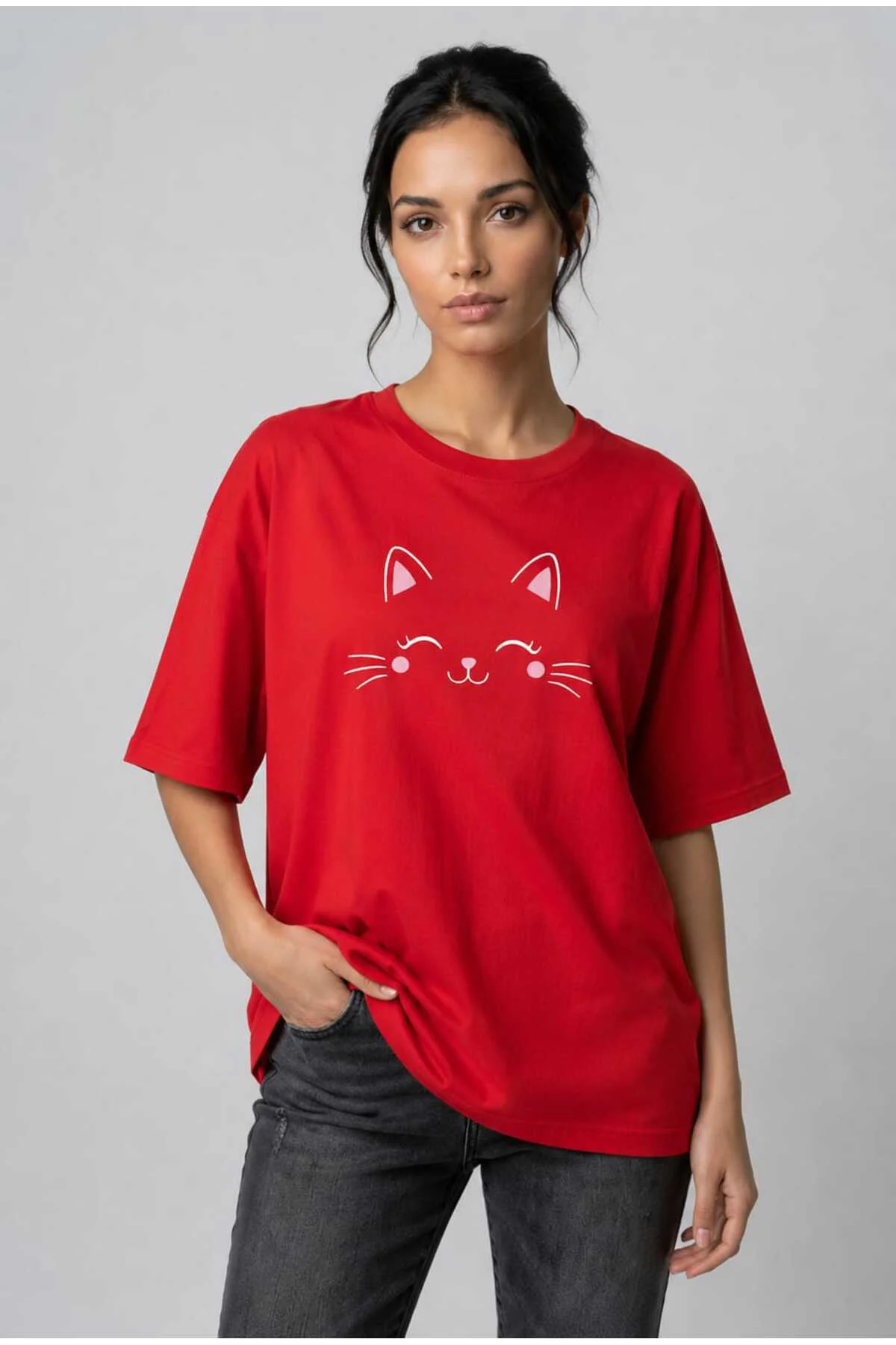 kedi baskılı Oversize tişört kadın T-shirt