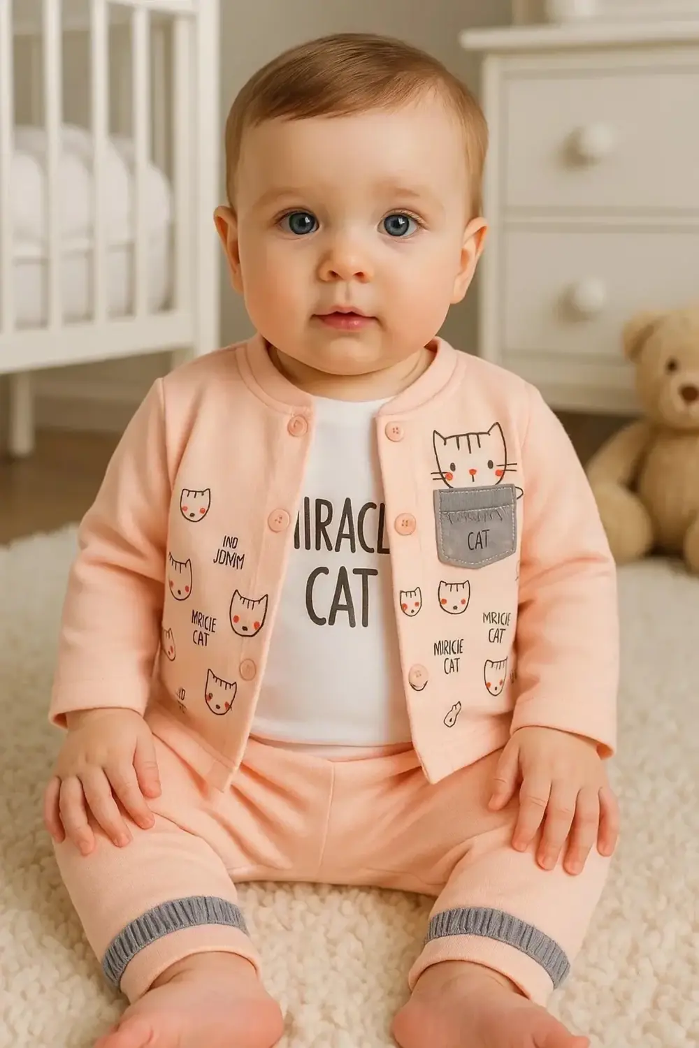 Kedi Desenli 3'lü Hırkalı Kız Bebek Takım