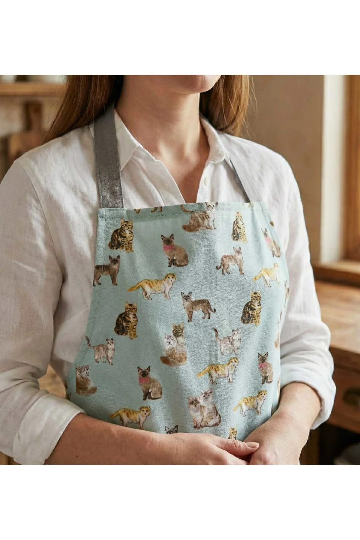 Kedi Desenli Açık Yeşil Mutfak Önlüğü