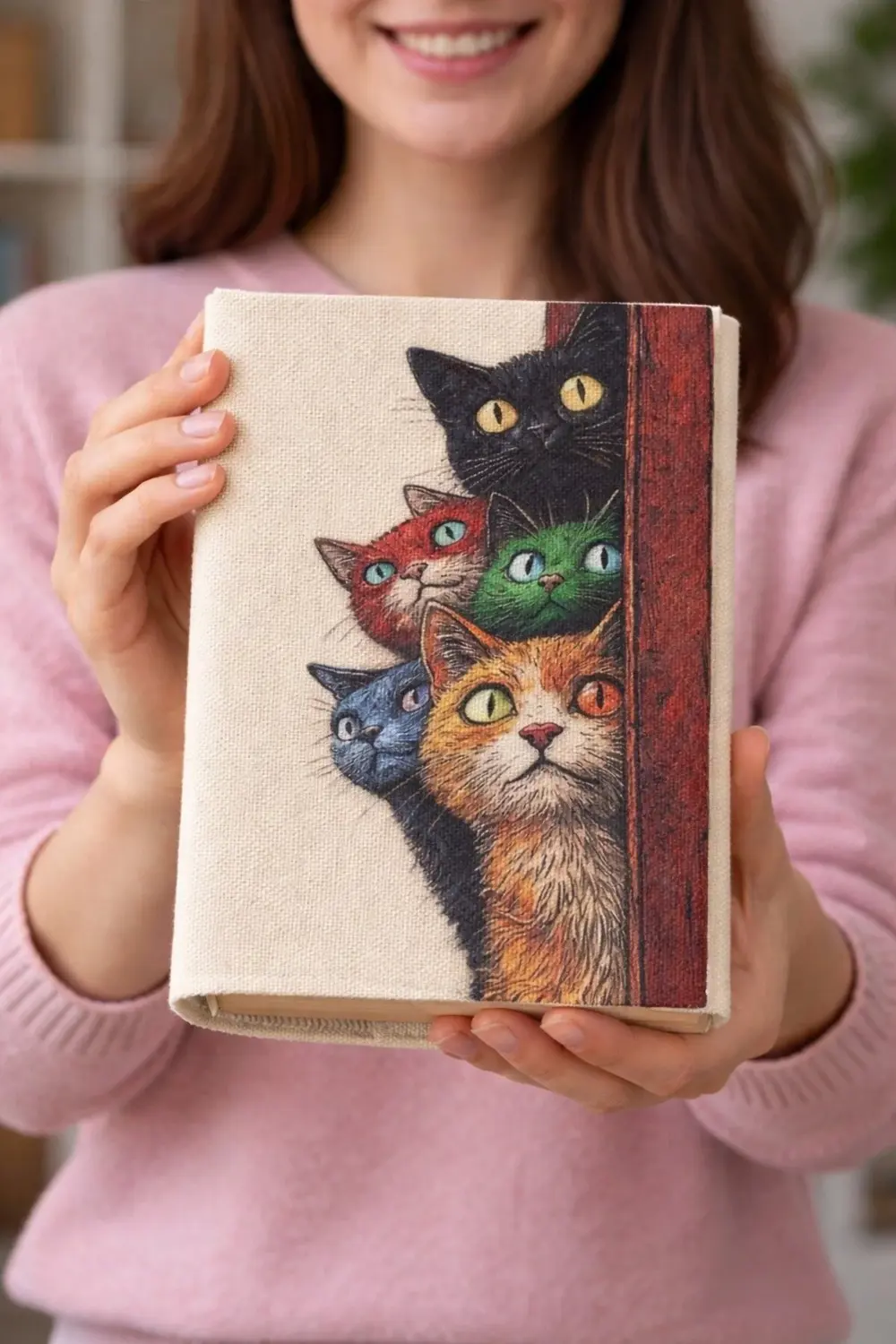 Kedi Desenli Bez Kitap Kılıfı – Sanatsal Baskılı Kumaş Kitap Kabı