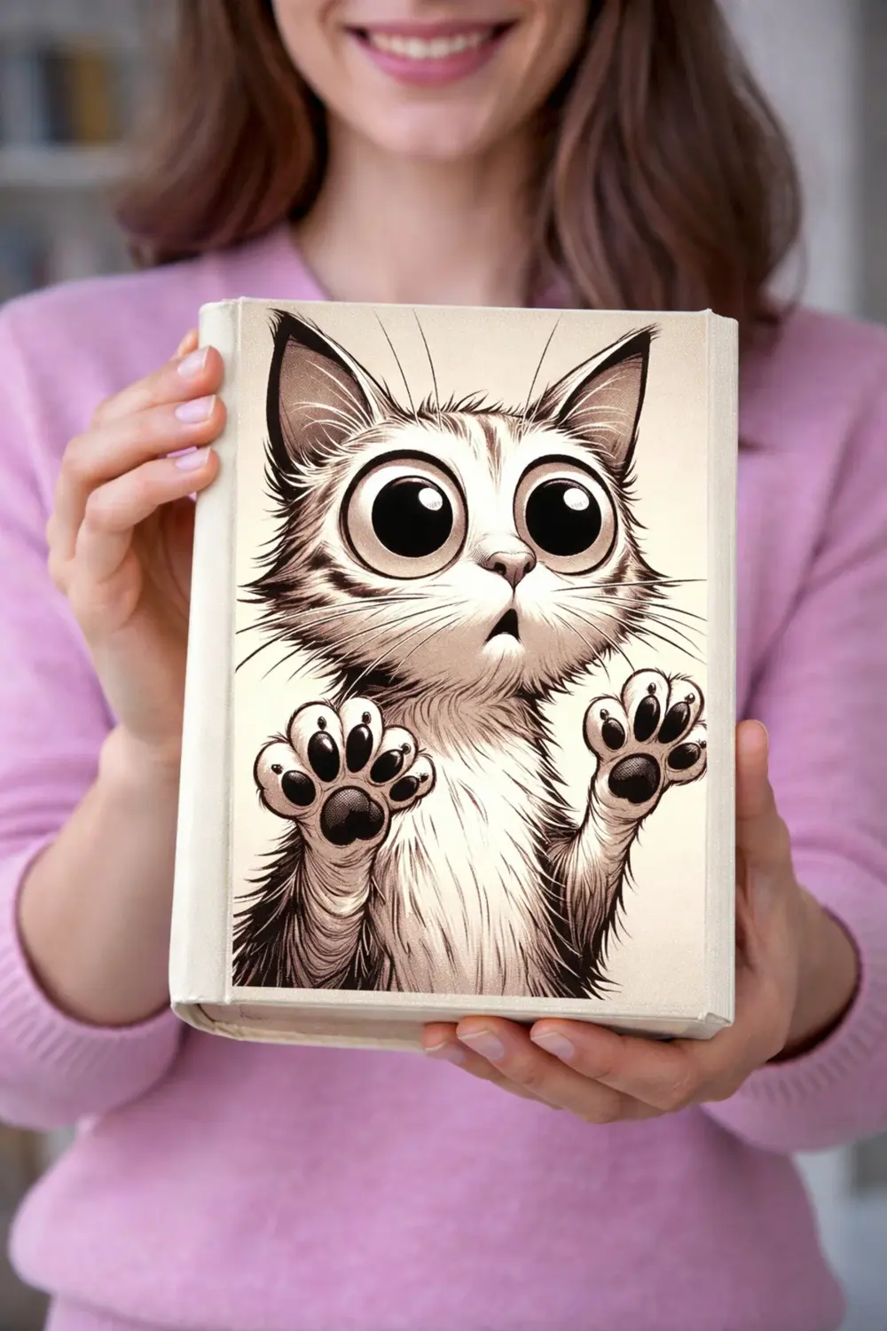 Kedi Desenli Bez Kitap Kılıfı – Sanatsal Baskılı Kumaş Kitap Kabı