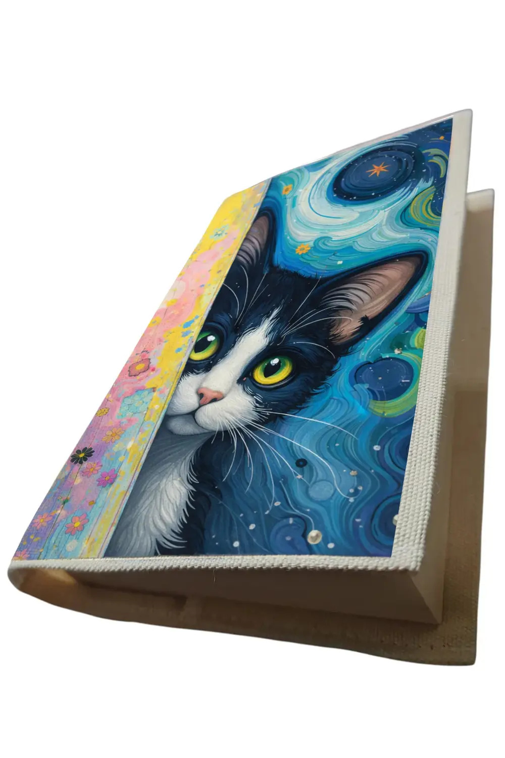 Kedi Desenli Bez Kitap Kılıfı – Sanatsal Baskılı Kumaş Kitap Kabı