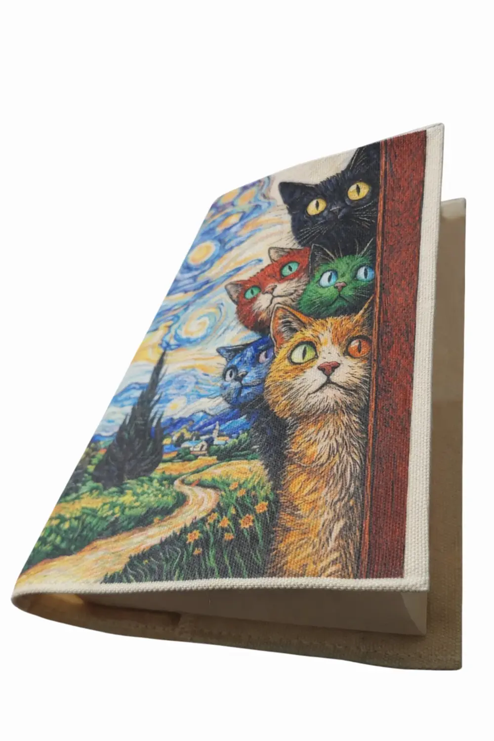 Kedi Desenli Bez Kitap Kılıfı – Sanatsal Baskılı Kumaş Kitap Kabı