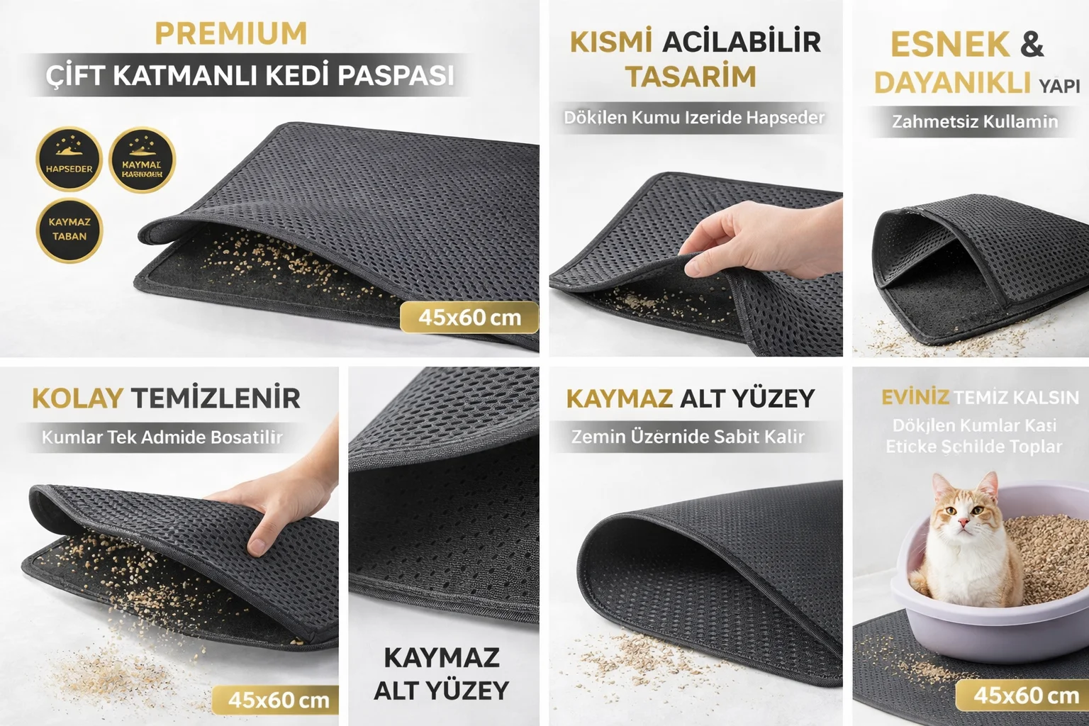 Kedi Elekli Tuvalet Önü Kum Tutucu Paspas  45 cm - 60 cm Gri