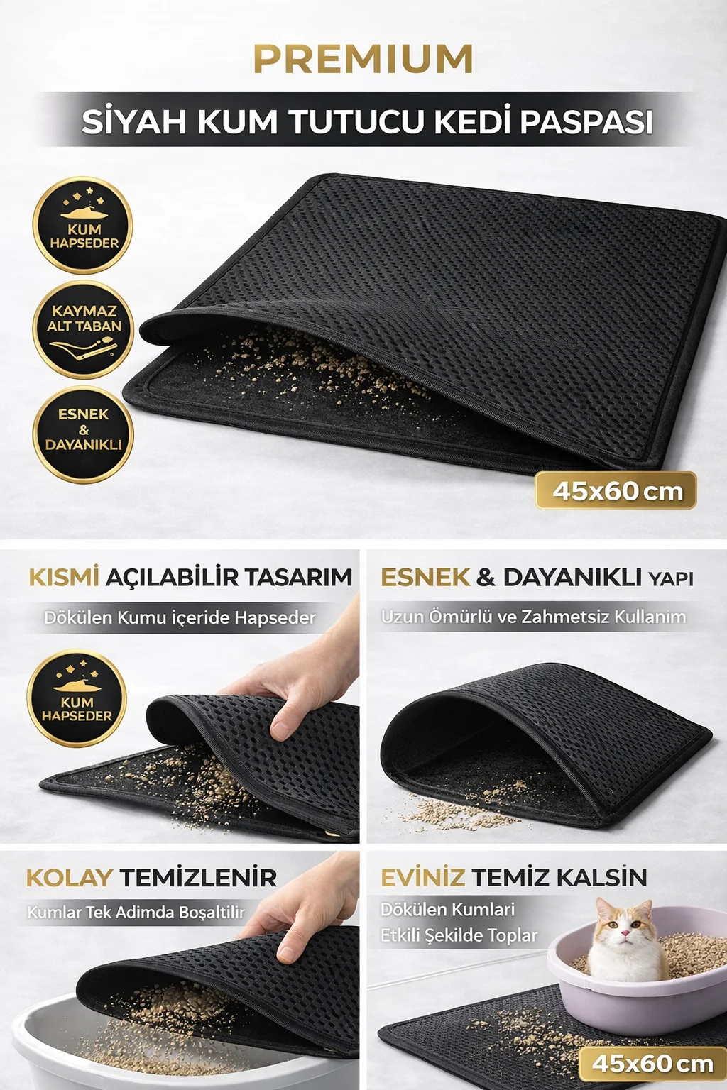 Kedi Elekli Tuvalet Önü Kum Tutucu Paspas  45 cm - 60 cm Siyah