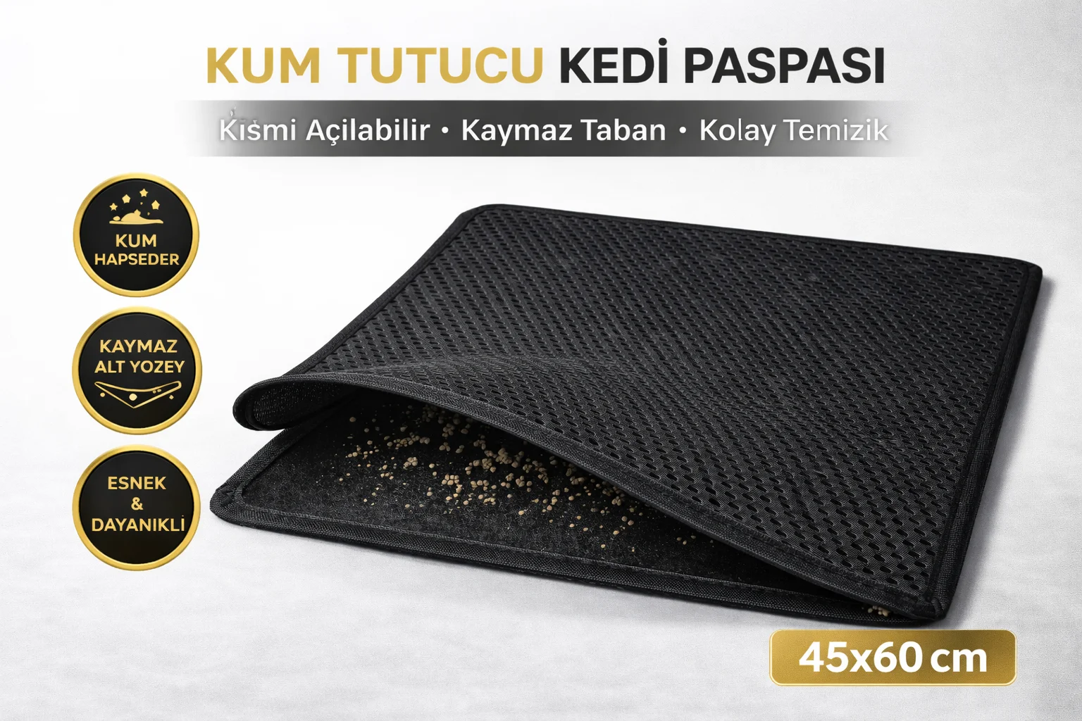 Kedi Elekli Tuvalet Önü Kum Tutucu Paspas  45 cm - 60 cm Siyah
