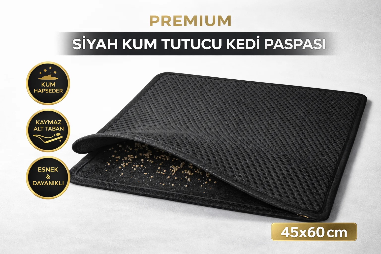Kedi Elekli Tuvalet Önü Kum Tutucu Paspas  45 cm - 60 cm Siyah