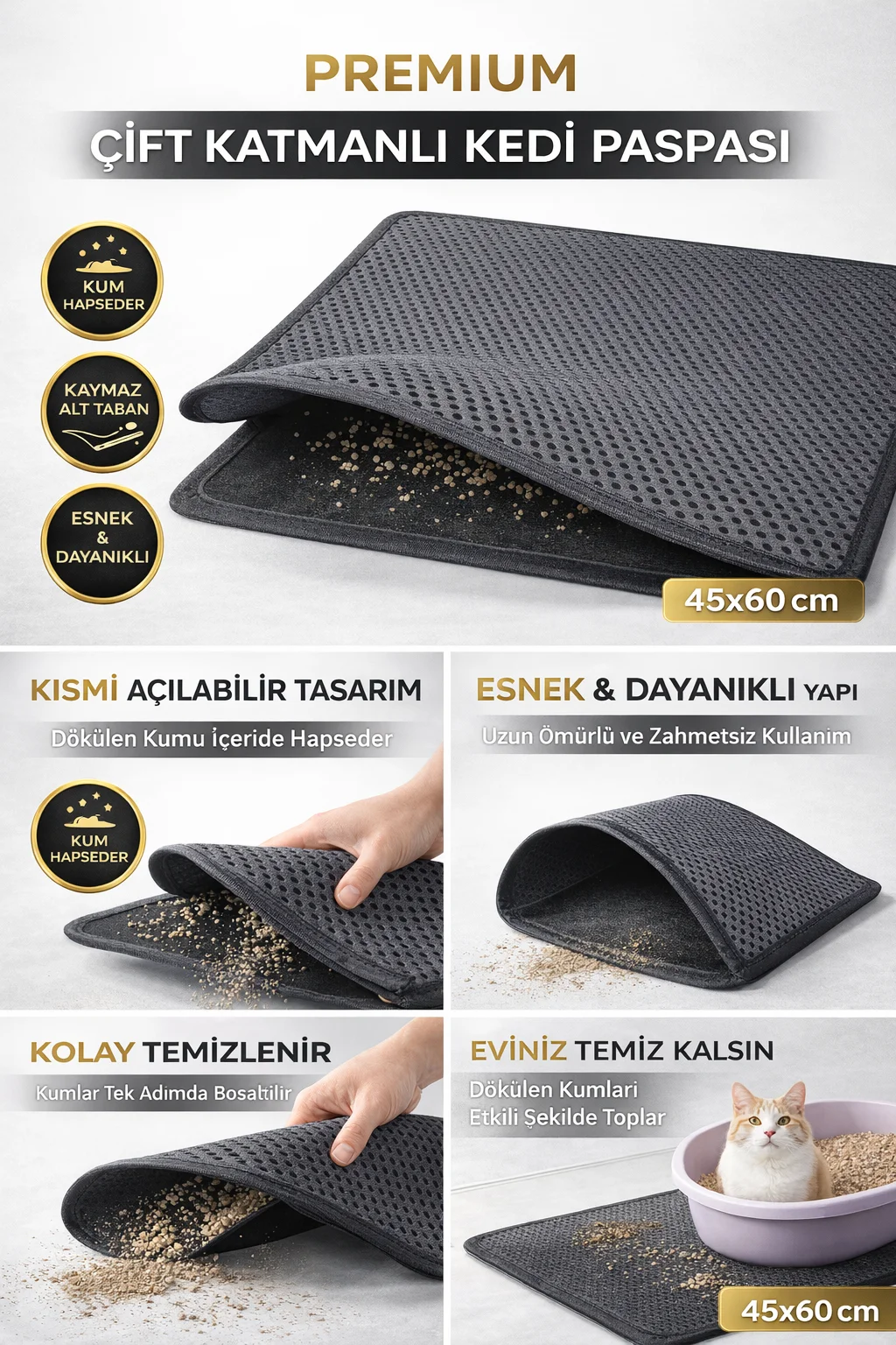 Kedi Elekli Tuvalet Önü Kum Tutucu Paspas 45 cm - 60 cm Gri Kedi Elekli Tuvalet Önü Kum Tutucu Paspas 45 cm - 60 cm Gri
