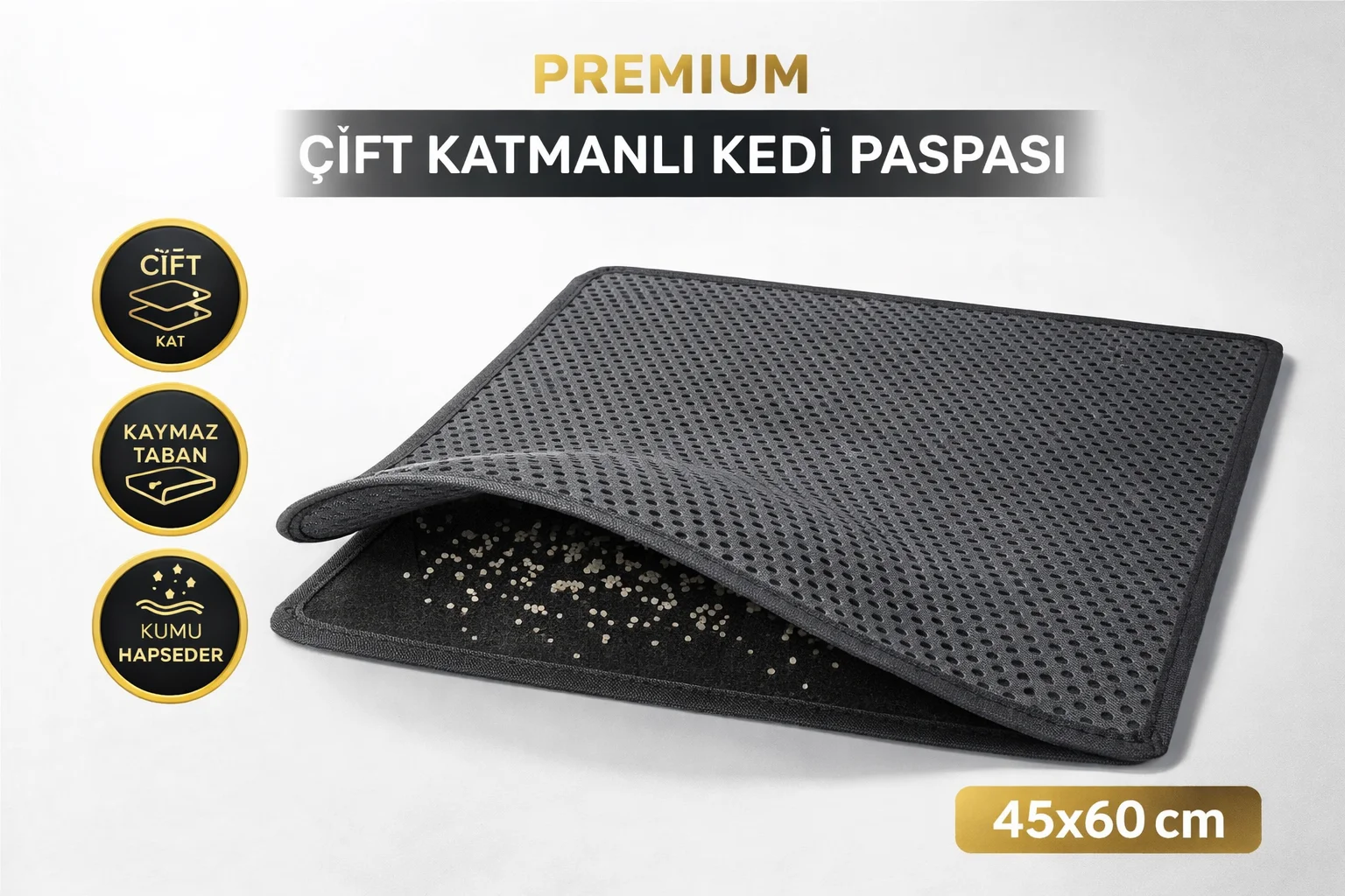 Kedi Elekli Tuvalet Önü Kum Tutucu Paspas  45 cm - 60 cm Gri