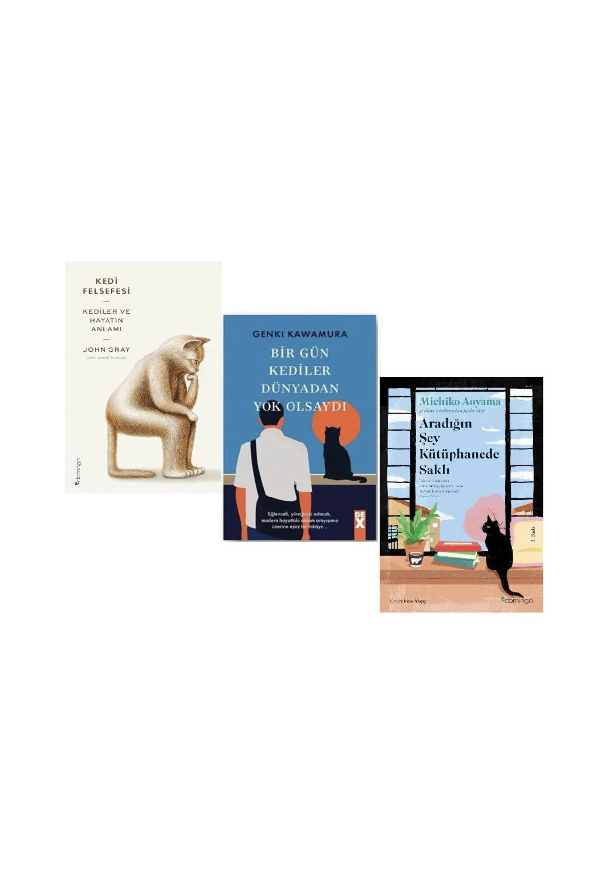 kedi felsefesi+bir gun kediler dunyadan yok olsaydi+aradigin sey kutuphanede sakli=(3kitap)