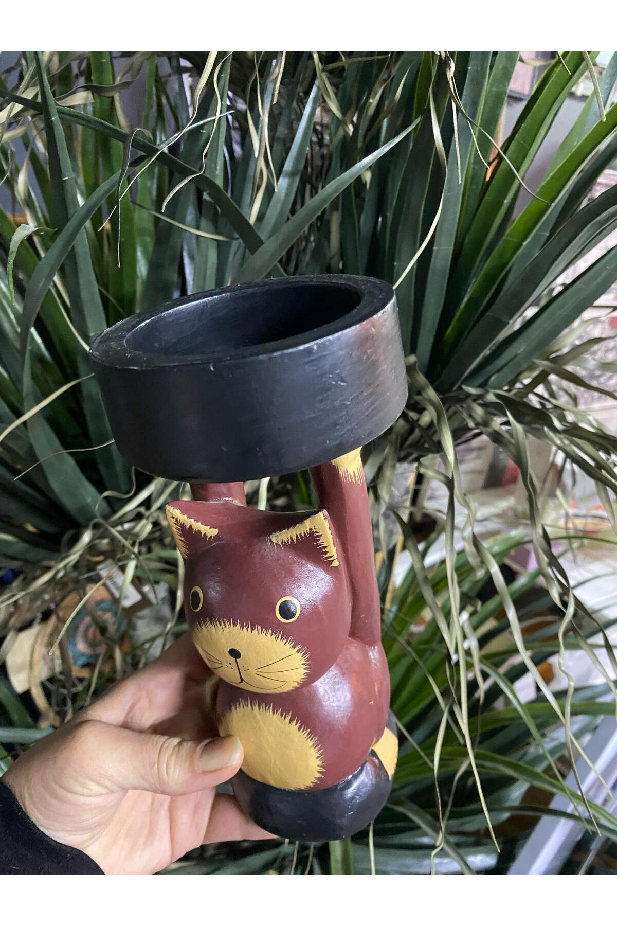 Elif Aksesuar Kedi Figürlü Ahşap Dekoratif Mumluk