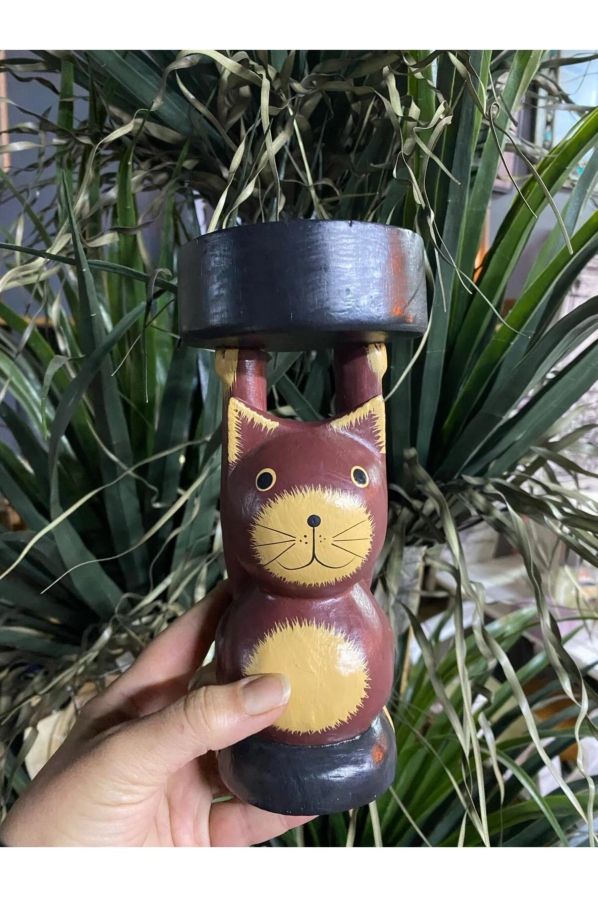 Kedi Figürlü Ahşap Dekoratif Mumluk