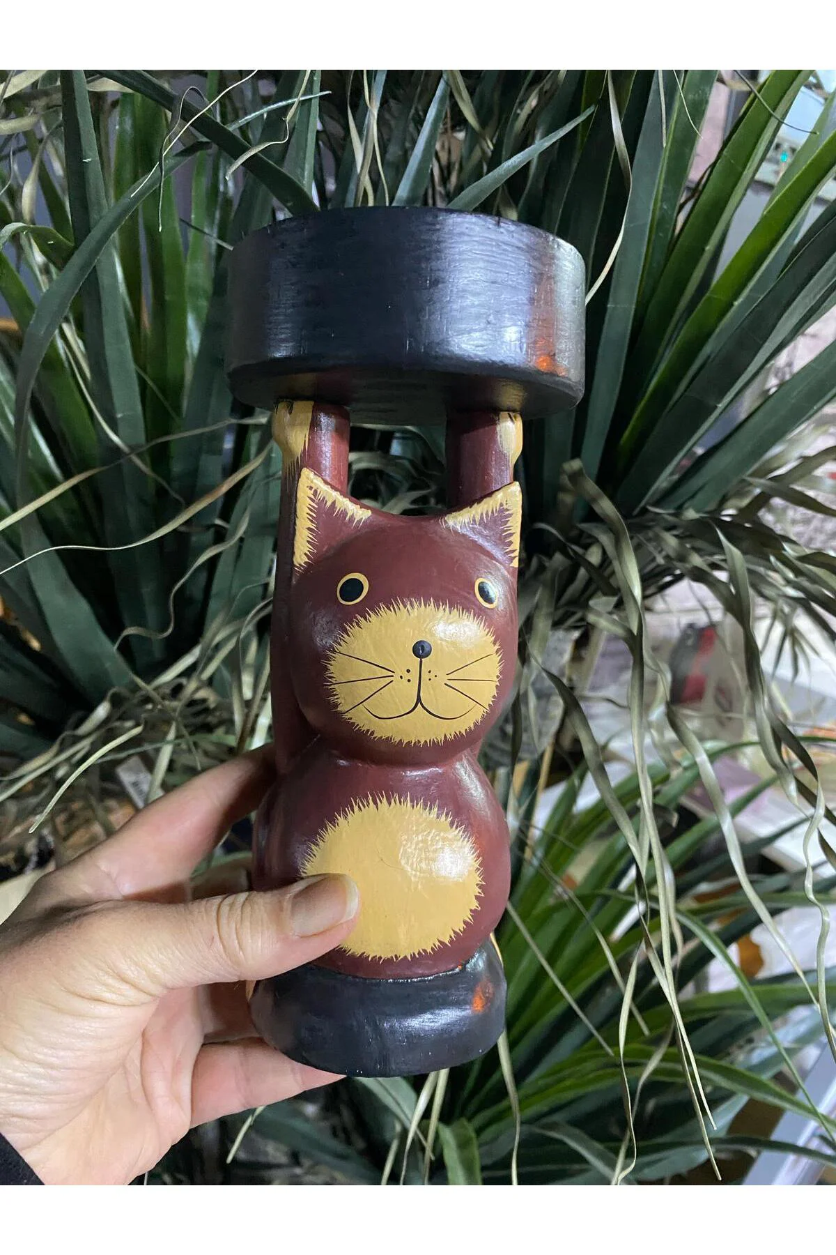 Kedi Figürlü Ahşap Dekoratif Mumluk