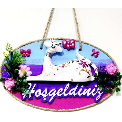 Woody Sofia Kedi Figürlü Hoşgeldiniz Yazılı El Boyaması Renkli Kapı Süsü