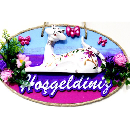 Woody Sofia Kedi Figürlü Hoşgeldiniz Yazılı El Boyaması Renkli Kapı Süsü