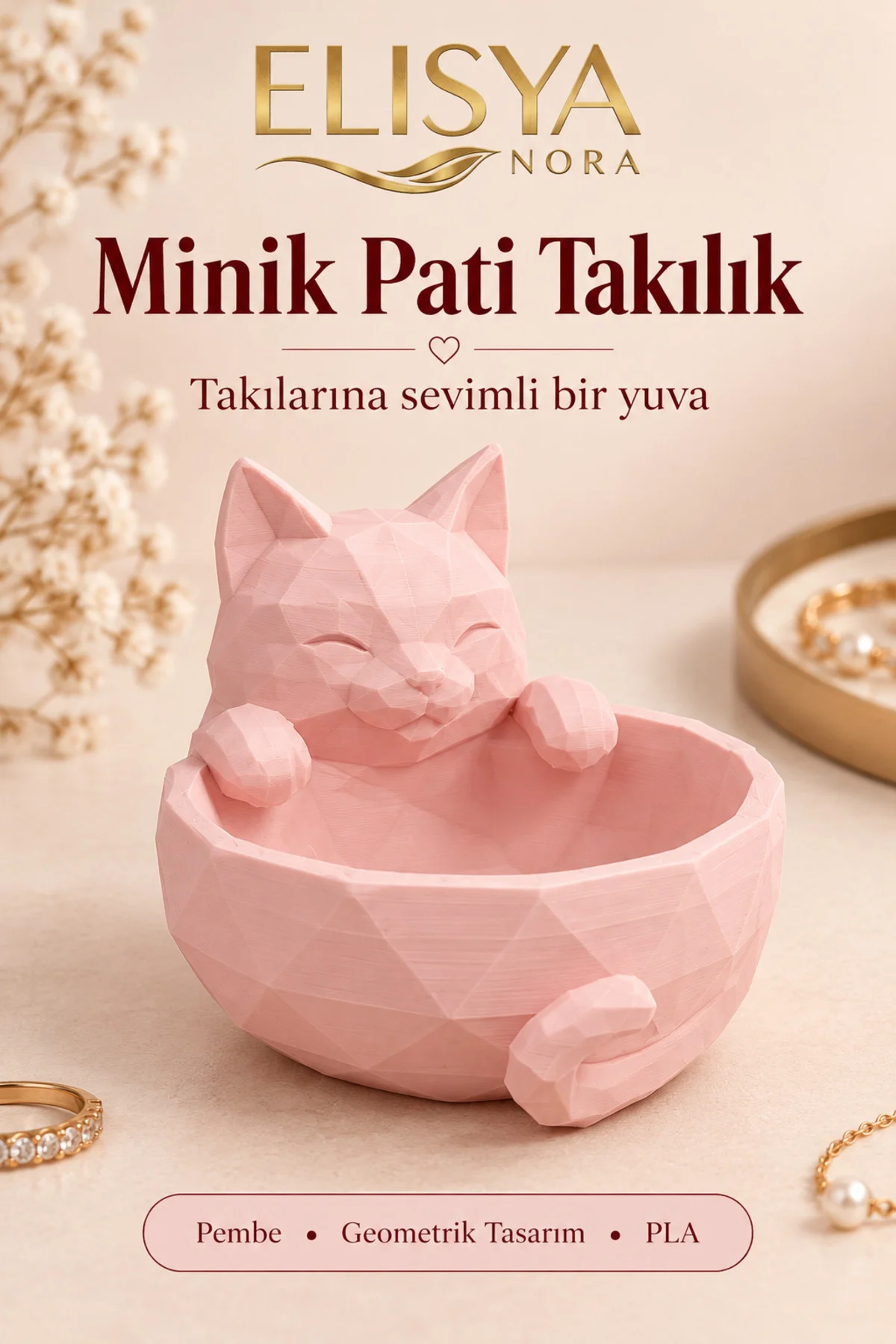 Kedi Figürlü Takılık Geometrik Yüzük Küpe Tabağı Takı Düzenleyici Kedi Figürlü Takılık Geometrik Yüzük Küpe Tabağı Takı Düzenleyici