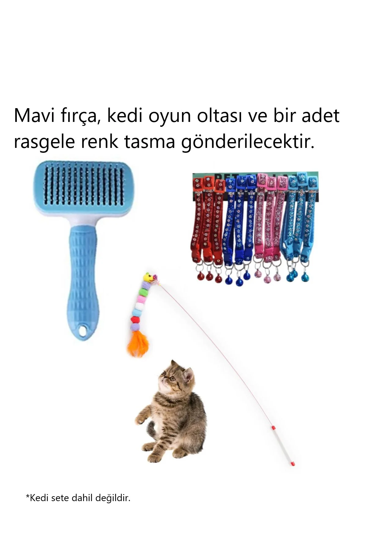 Kedi Fırçası, Kedi Oyun Oltası, Kedi Tasması 3lü Seti ( Evcil Hay