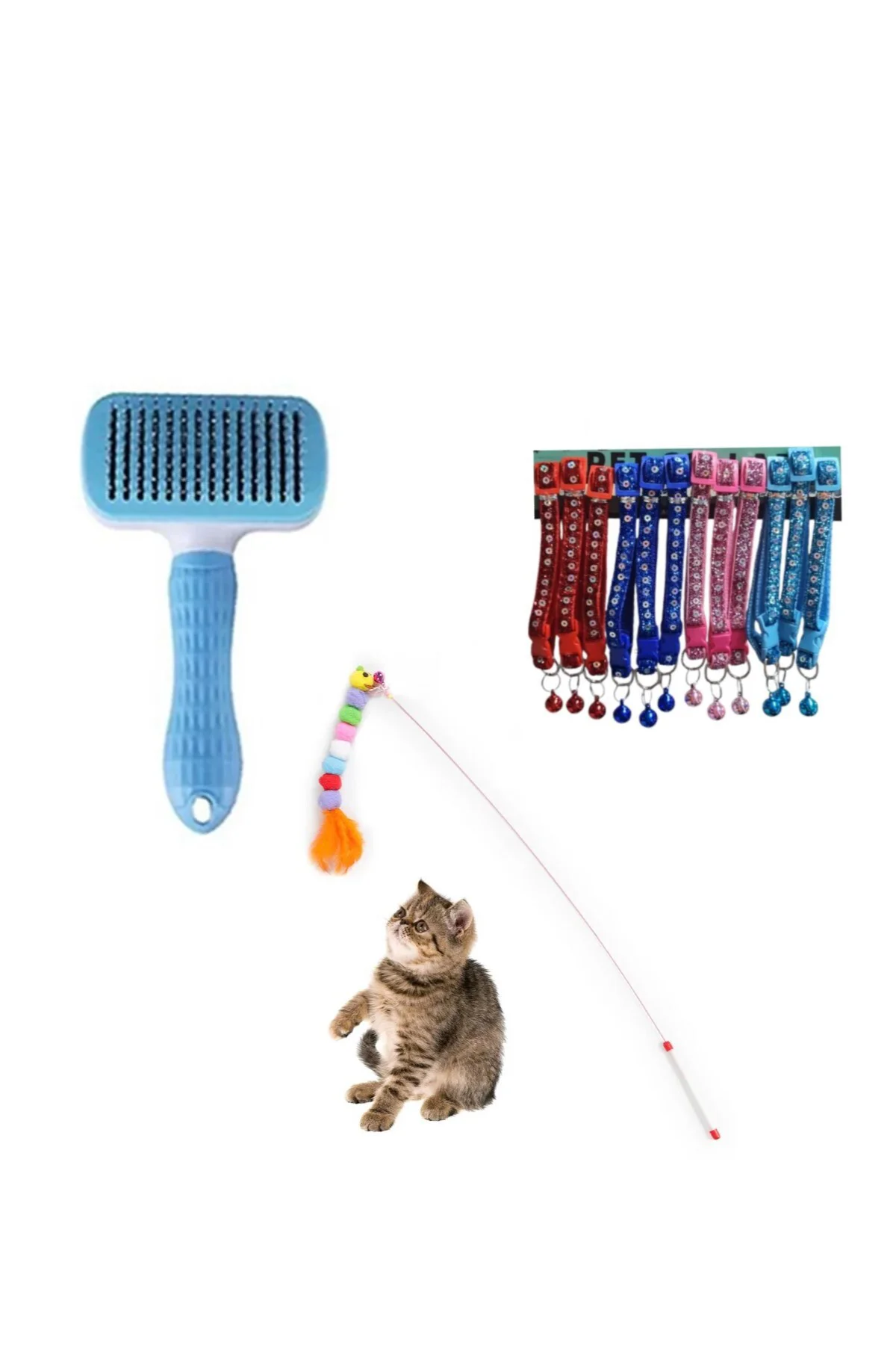 Kedi Fırçası, Kedi Oyun Oltası, Kedi Tasması 3lü Seti ( Evcil Hay
