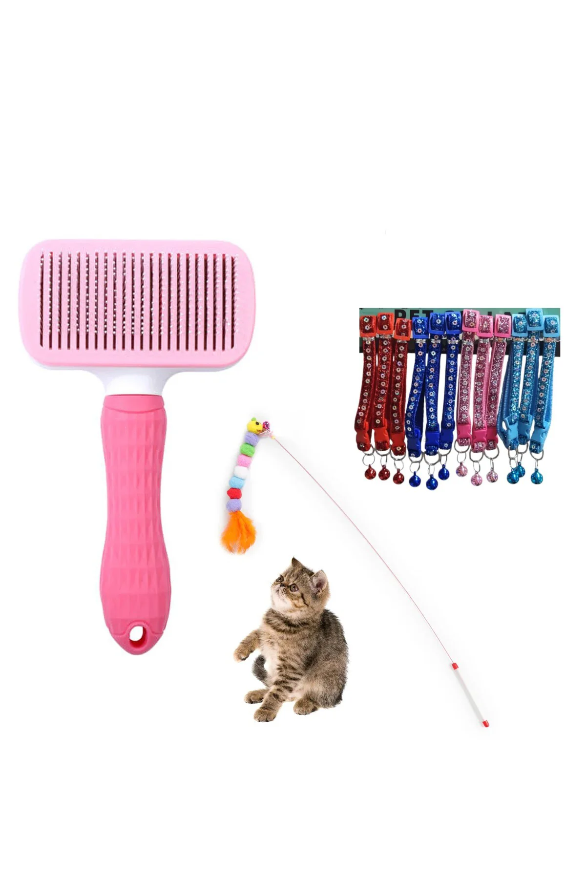 Kedi Fırçası, Kedi Oyun Oltası, Kedi Tasması 3lü Seti ( Evcil Hay