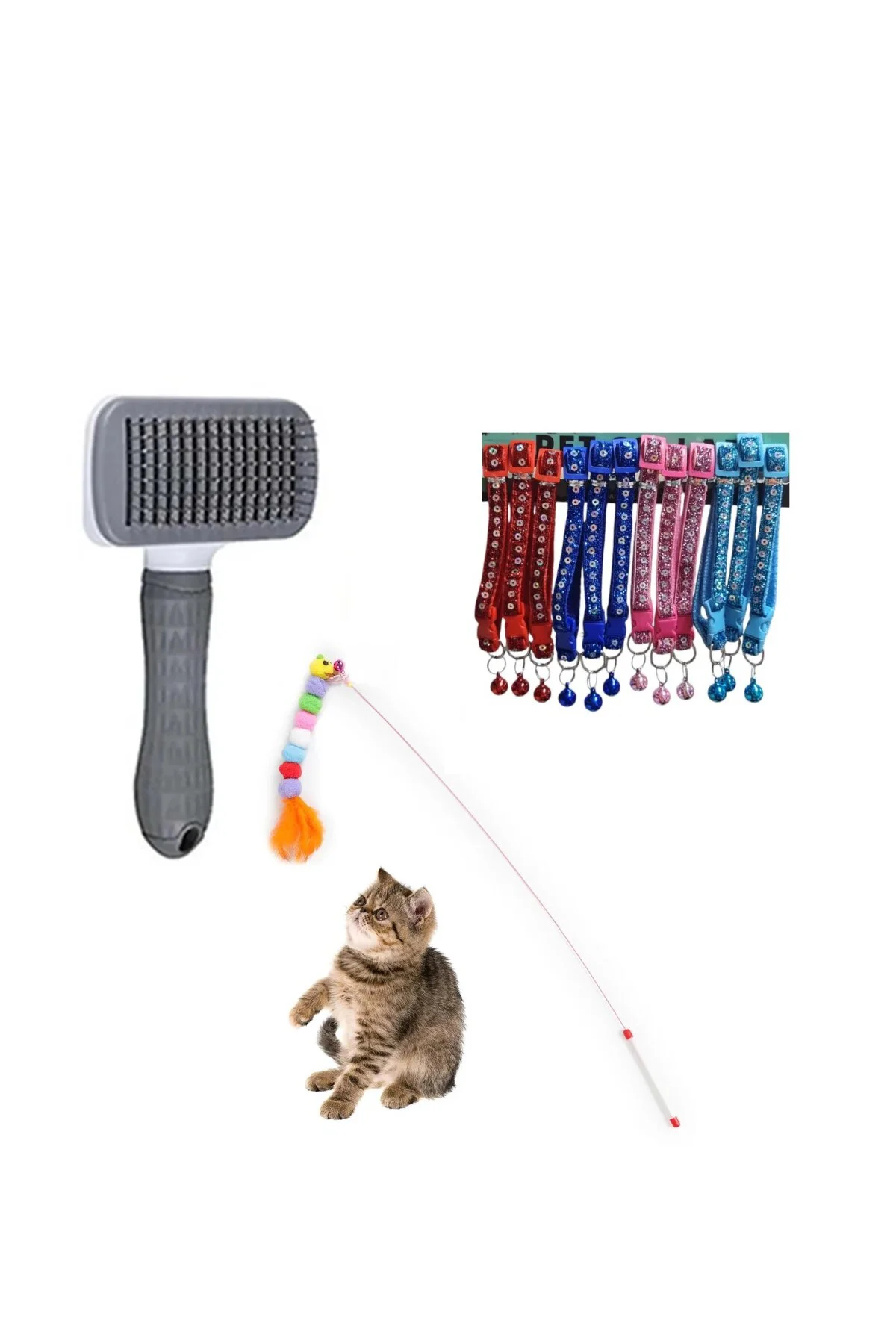 Kedi Fırçası, Kedi Oyun Oltası, Kedi Tasması 3lü Seti ( Evcil Hay