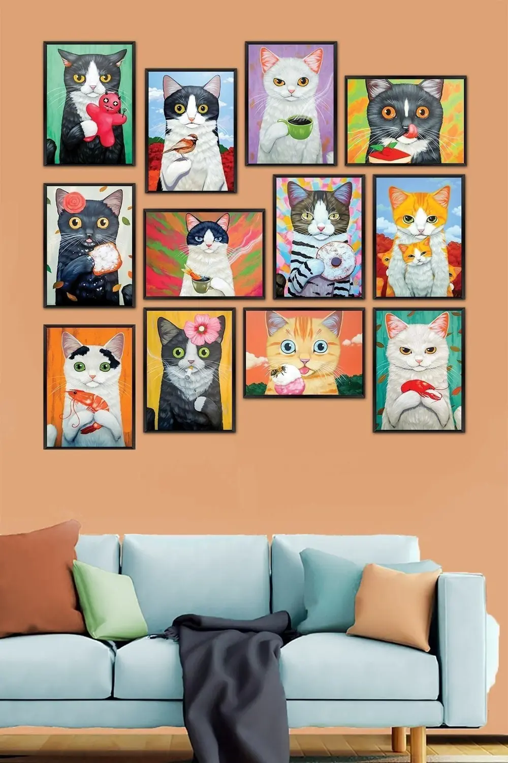Kedi Görselli 12 Parça Çerçeve Görünümlü Ahşap (Mdf) Duvar Dekora