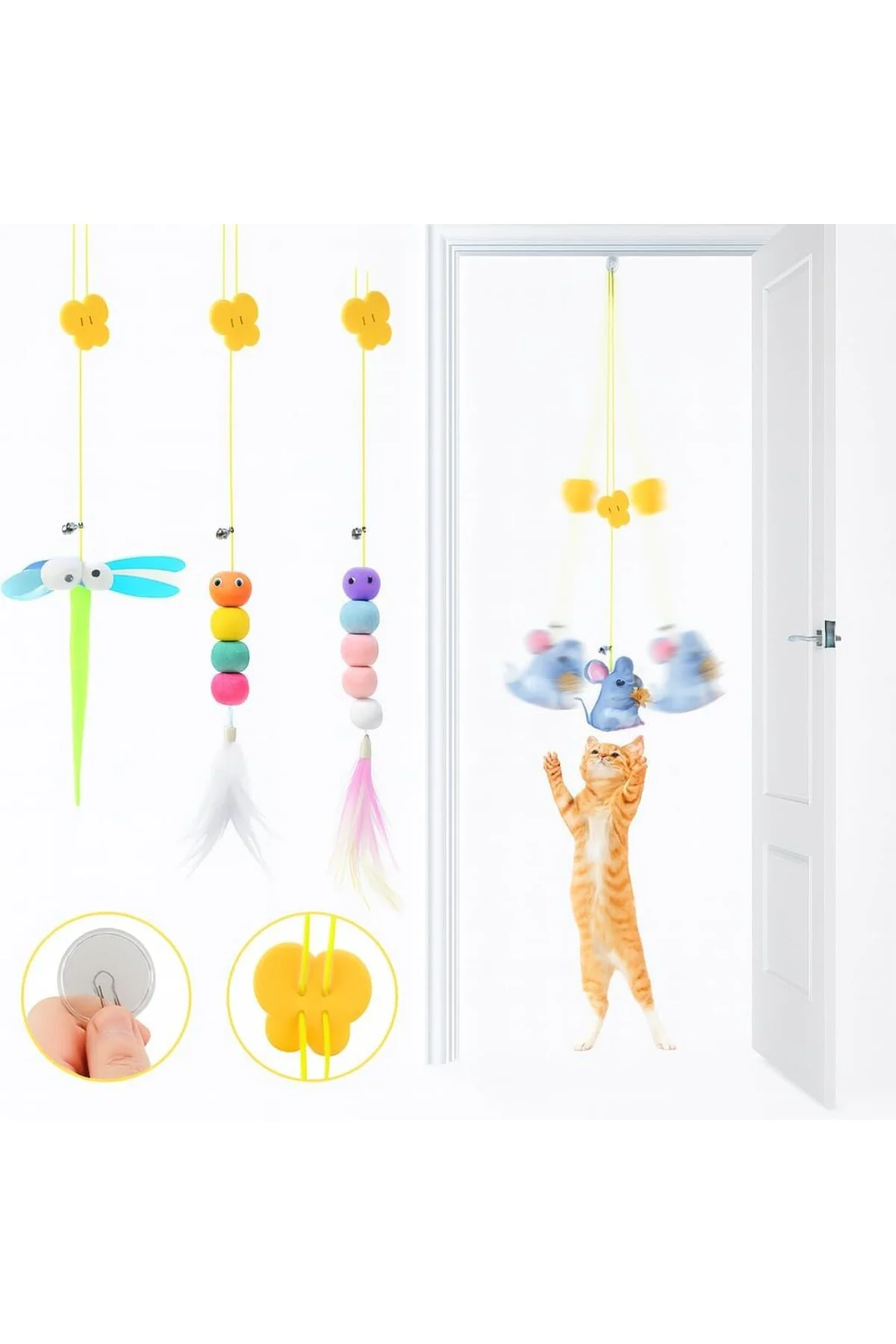 Kedi Kapı Oyuncağı 2’li Set – Yaylı İpli & Tüylü Interaktif Kedi 