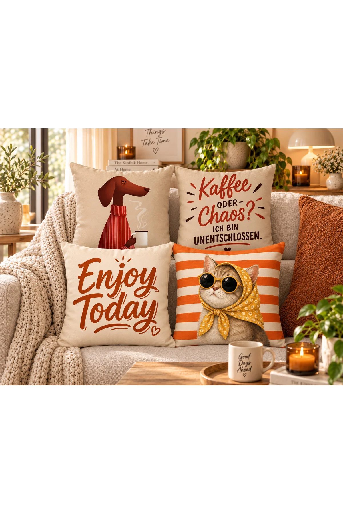 Kedi Köpek Desenli Kahve Temalı Turuncu Krem Retro Modern Dekoratif 4’lü Kırlent Kılıfı Seti Kedi Köpek Desenli Kahve Temalı Turuncu Krem Retro Modern Dekoratif 4’lü Kırlent Kılıfı Seti