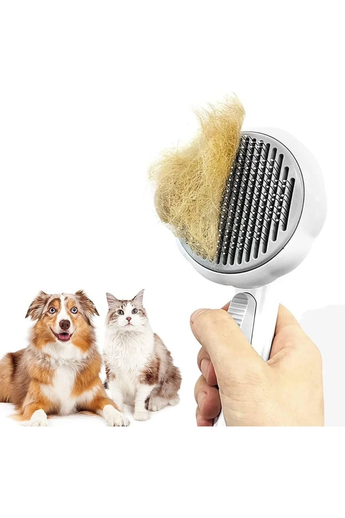 Kedi Köpek Otomatik Temizlenen Tuşlu Tüy Toplayıcı Tarak Basmalı 
