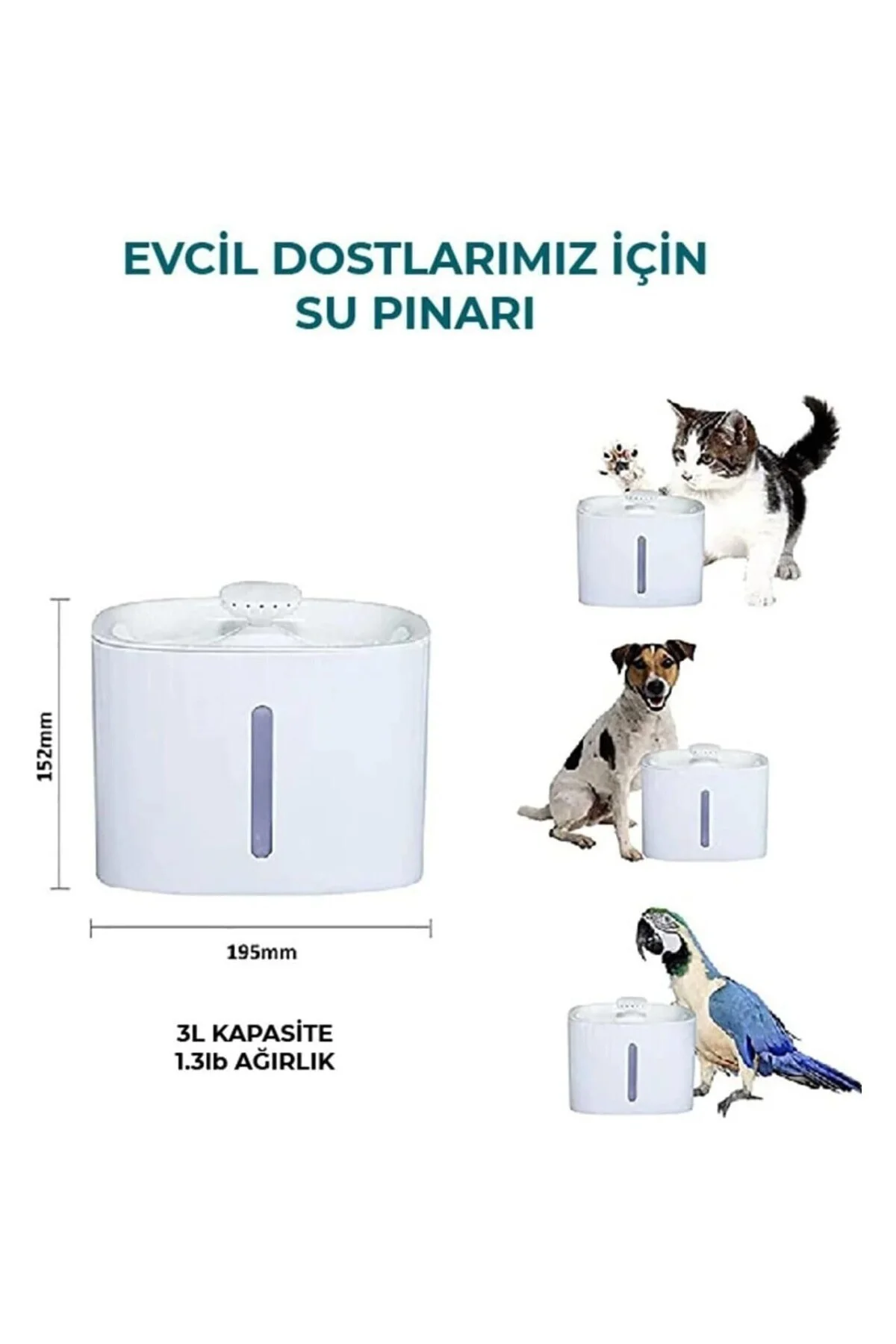 Kedi Köpek Su Pınarı Otomatik Kedi Su Şelalesi, Led Işıklı, 3 Lit