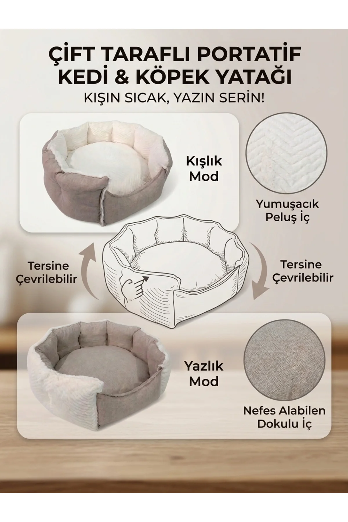 Kedi Köpek Yatağı - 55x55 cm - Çift Taraflı Kedi Köpek Yatağı - P