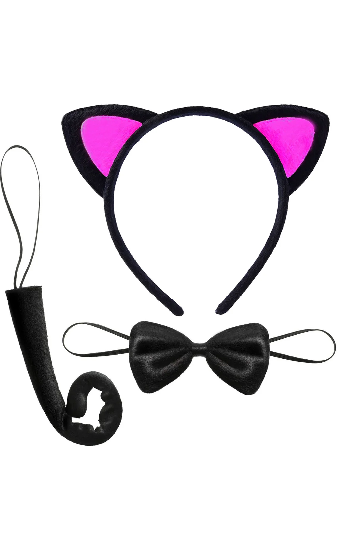 Kedi Kulak Taç Kuyruk ve Papyon 3 lü Set Çocuk Boy Fuşya Renk  GO