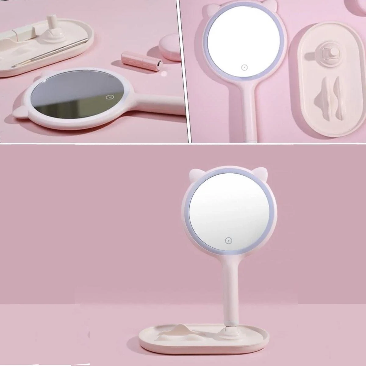 Kedi Kulaklı Telefon Standlı Yuvarlak Dokunmatik Led Ayarlı Masa Üstü Makyaj Aynası Bx40